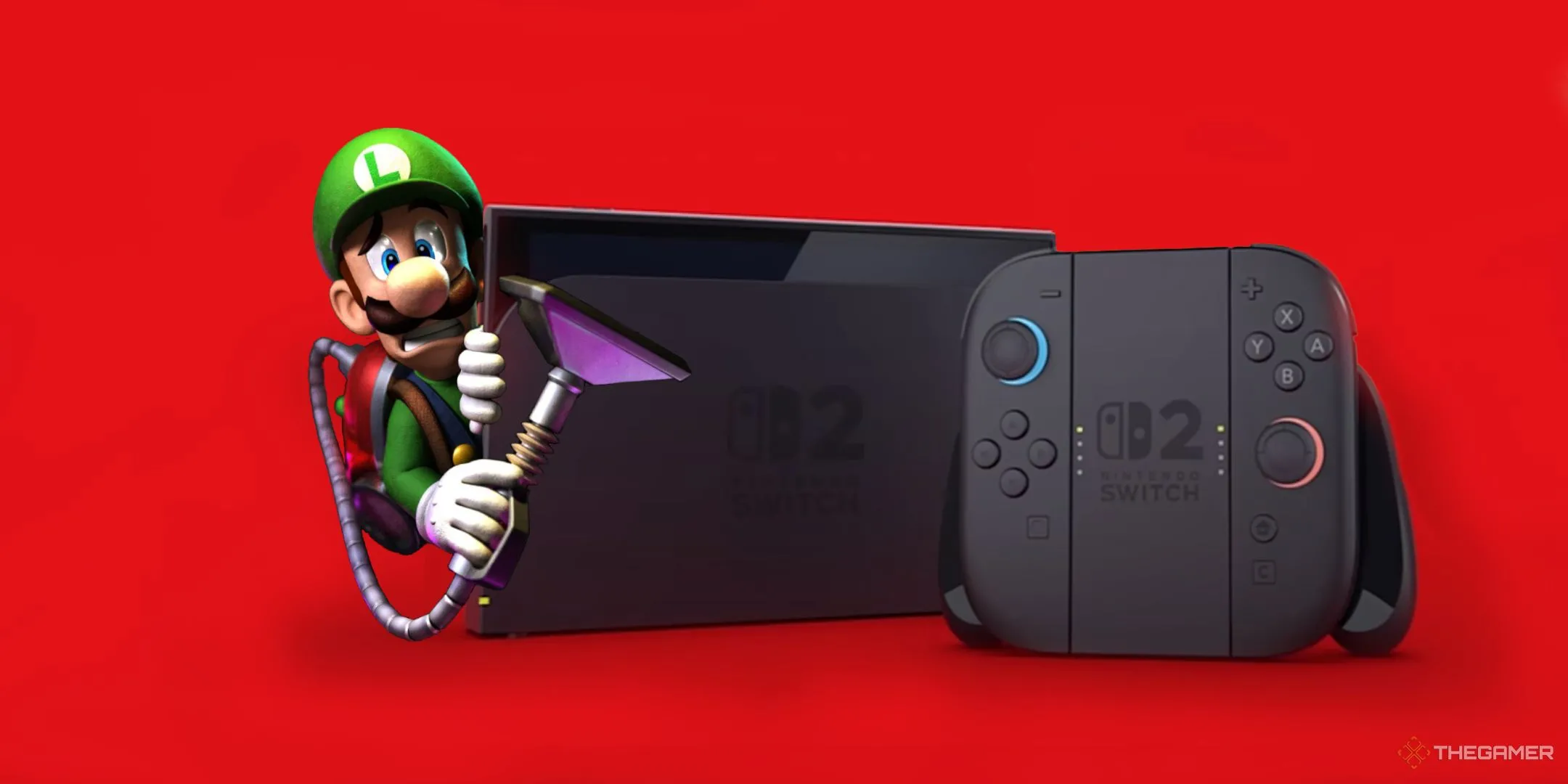 Luigi nấp sau máy chơi game Nintendo Switch 2