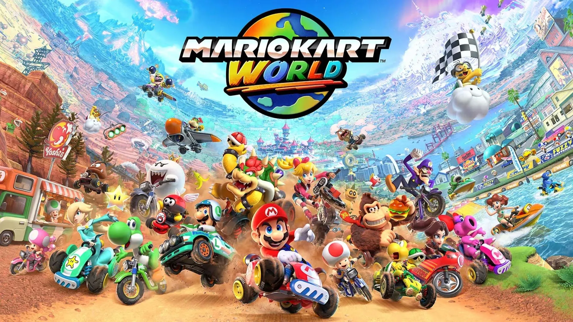 Mario Kart World với góc nhìn từ phía sau xe của nhân vật Mario, minh họa đồ họa tươi sáng