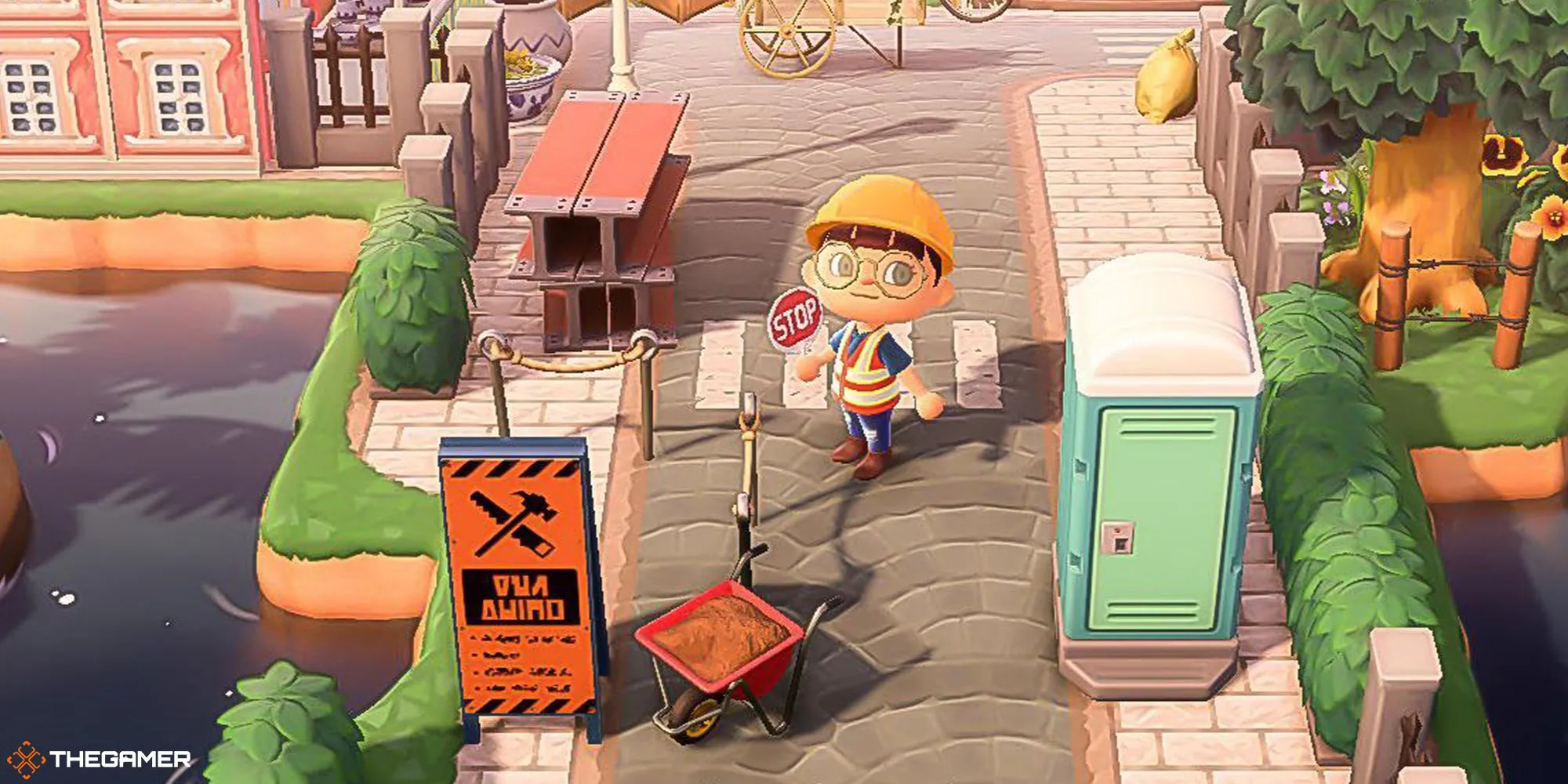 Người chơi mặc đồ công nhân gần công trường tại lối vào đảo ACNH trong Animal Crossing: New Horizons