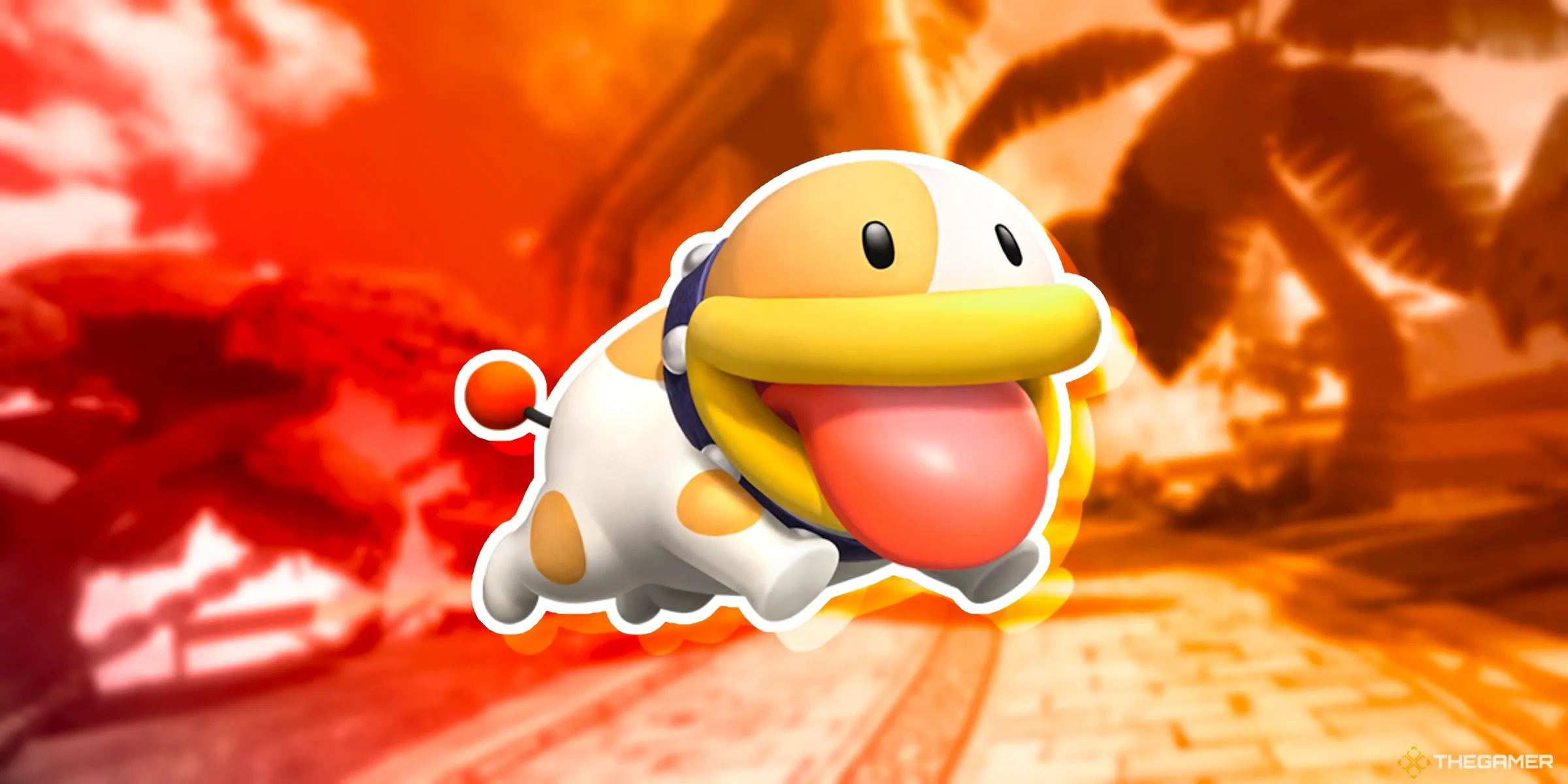 Poochy trên đường đua Great Question Block Ruins trong Mario Kart World