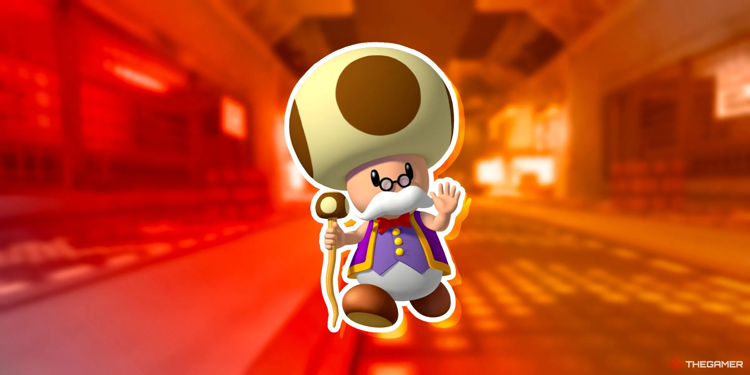 Toadsworth trên đường đua Toads Factory trong Mario Kart World