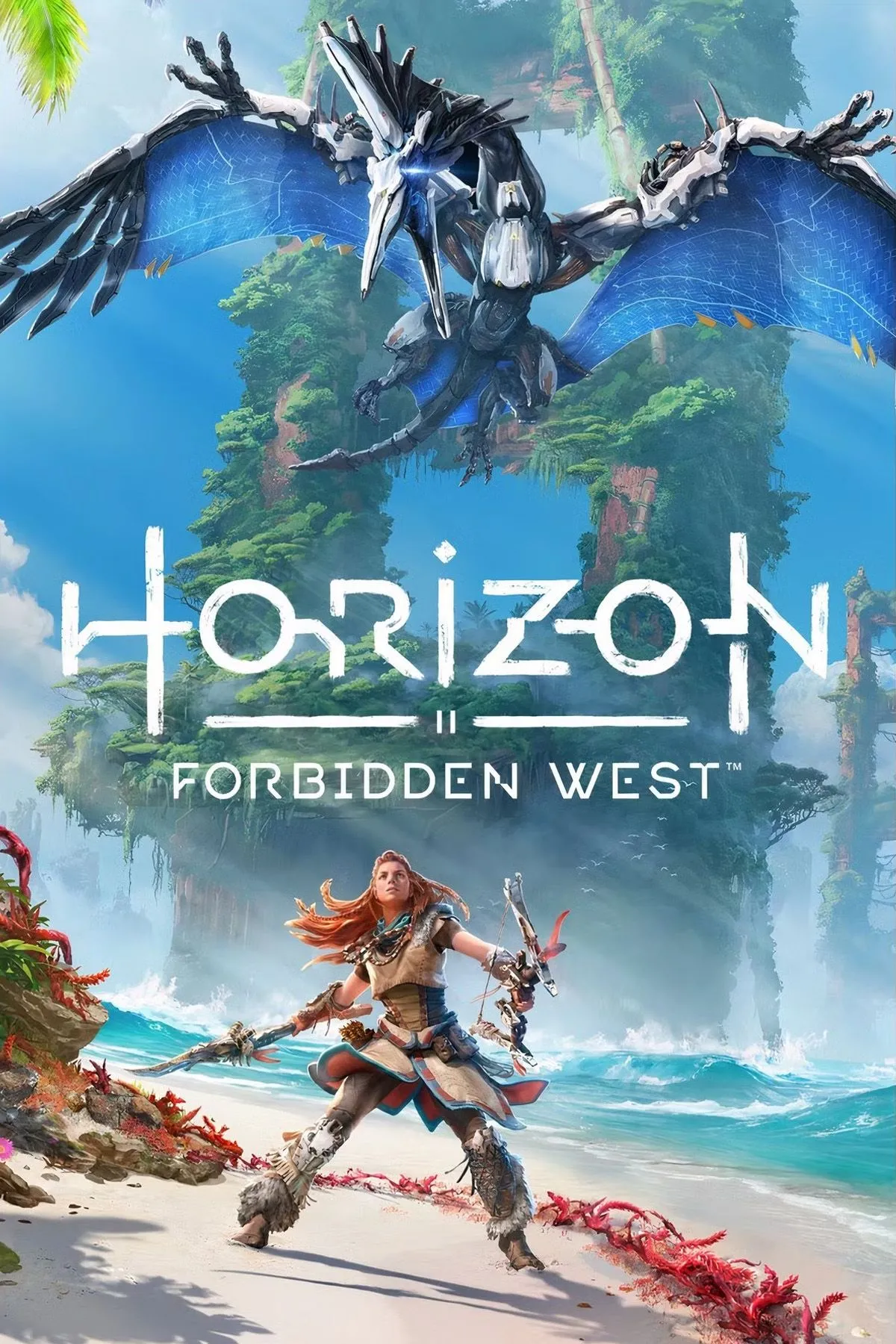 Aloy trong bìa game Horizon Forbidden West với tạo hình sắc nét và môi trường đồ họa tuyệt đẹp