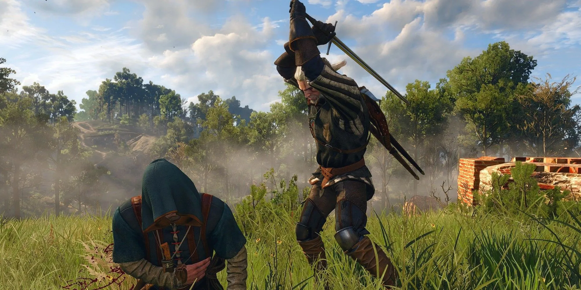 Alt: Geralt của Rivia thực hiện đòn kết liễu lên một tên cướp trong game The Witcher 3