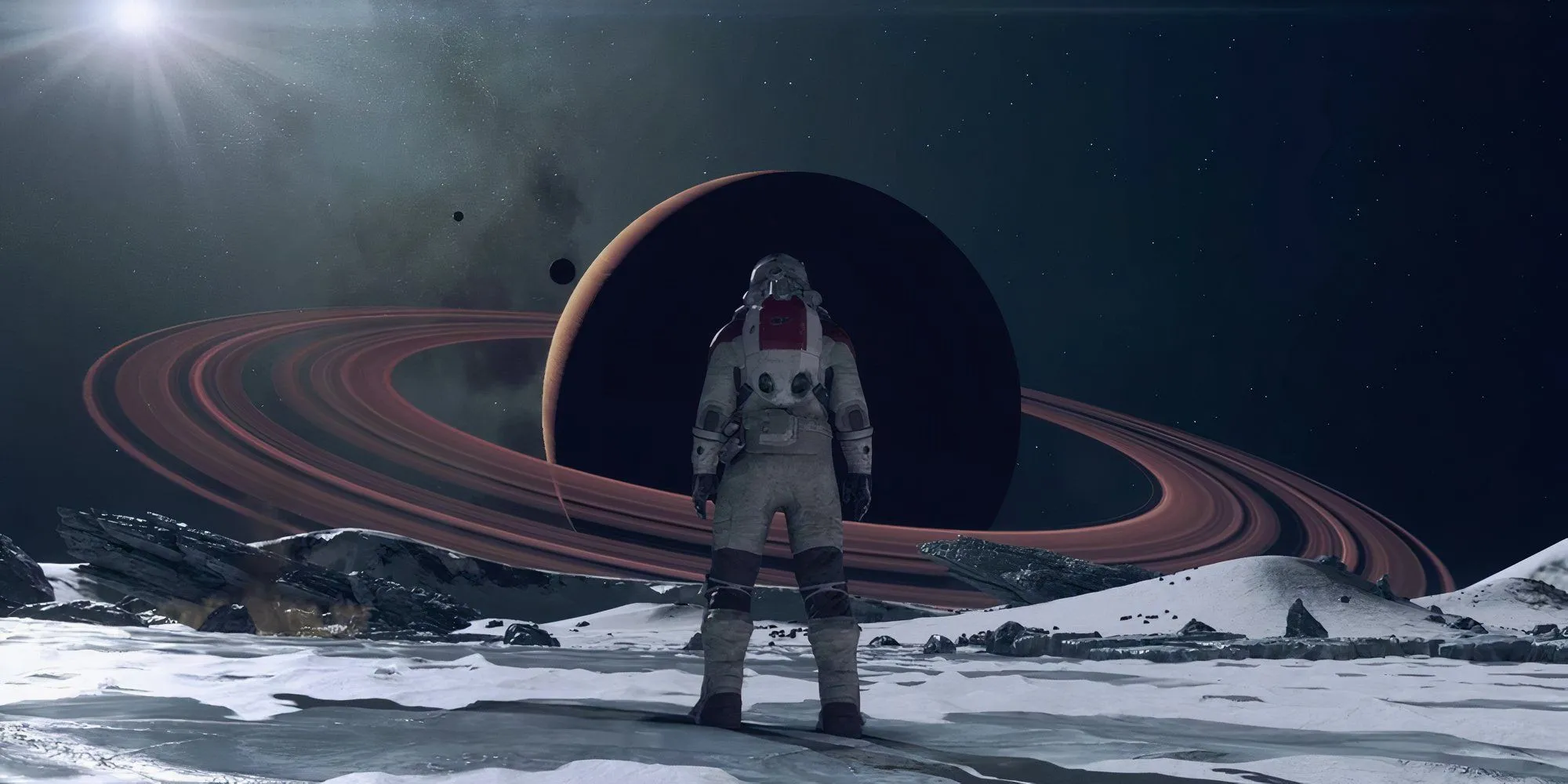 Alt: Một phi hành gia đứng trước hành tinh Sao Thổ trong bối cảnh game Starfield