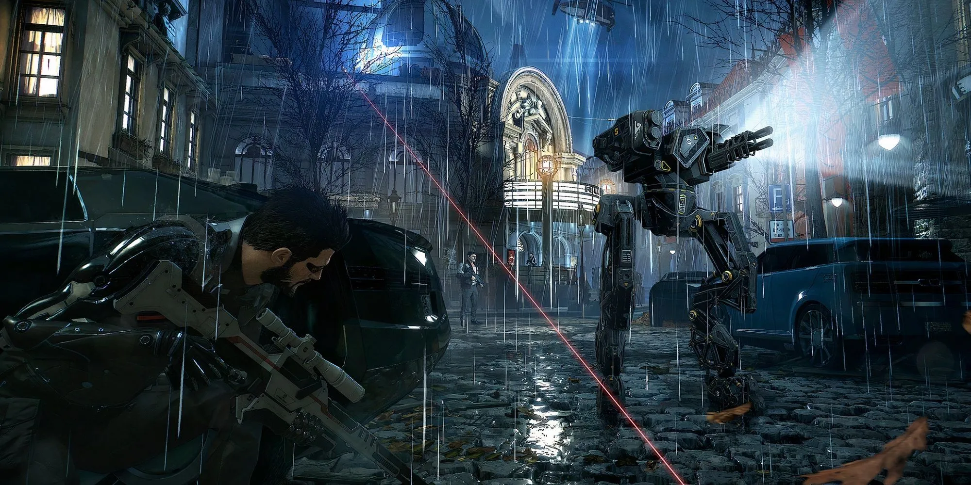 Alt: Nhân vật chính Adam Jensen ẩn nấp trong một cảnh chiến đấu trong Deus Ex: Mankind Divided