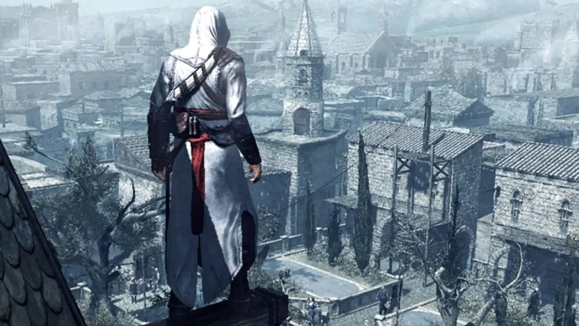 Altair ẩn mình giữa đám đông, thể hiện cơ chế tàng hình độc đáo của Assassin's Creed