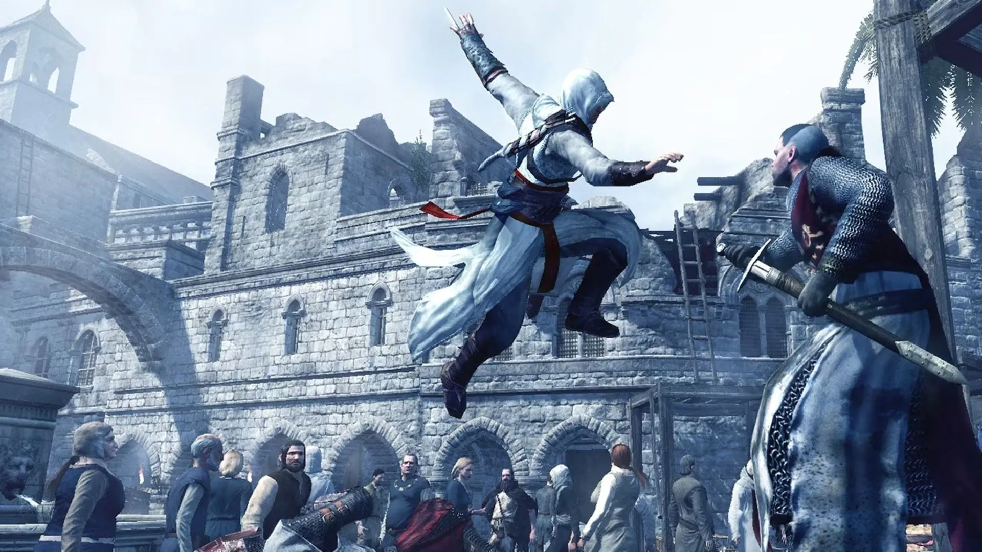 Altair, nhân vật chính trong Assassin's Creed, đang thực hiện cú nhảy niềm tin nổi tiếng