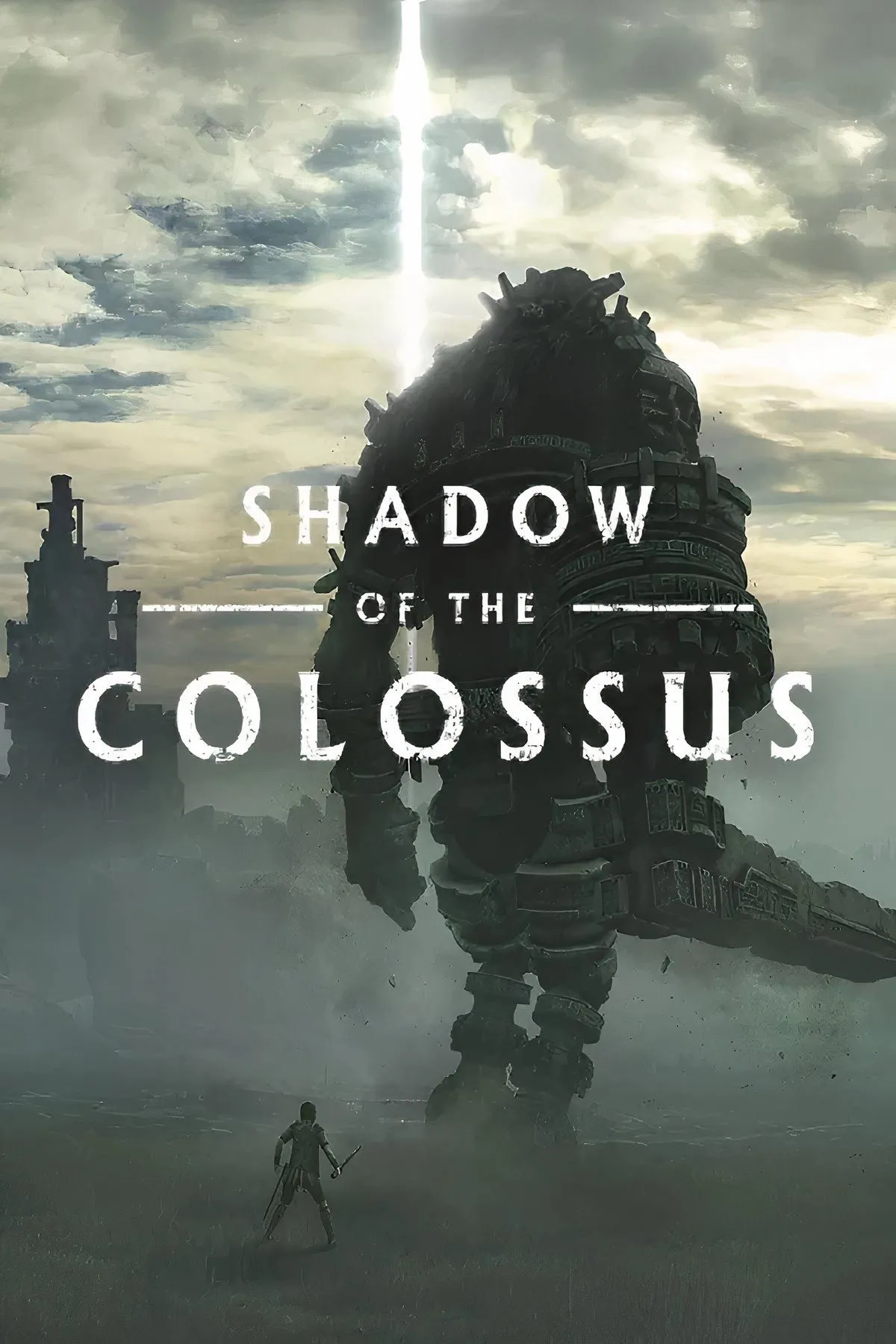 Ảnh bìa game Shadow of the Colossus, Wander cưỡi ngựa Agro đối mặt với một Colossus khổng lồ