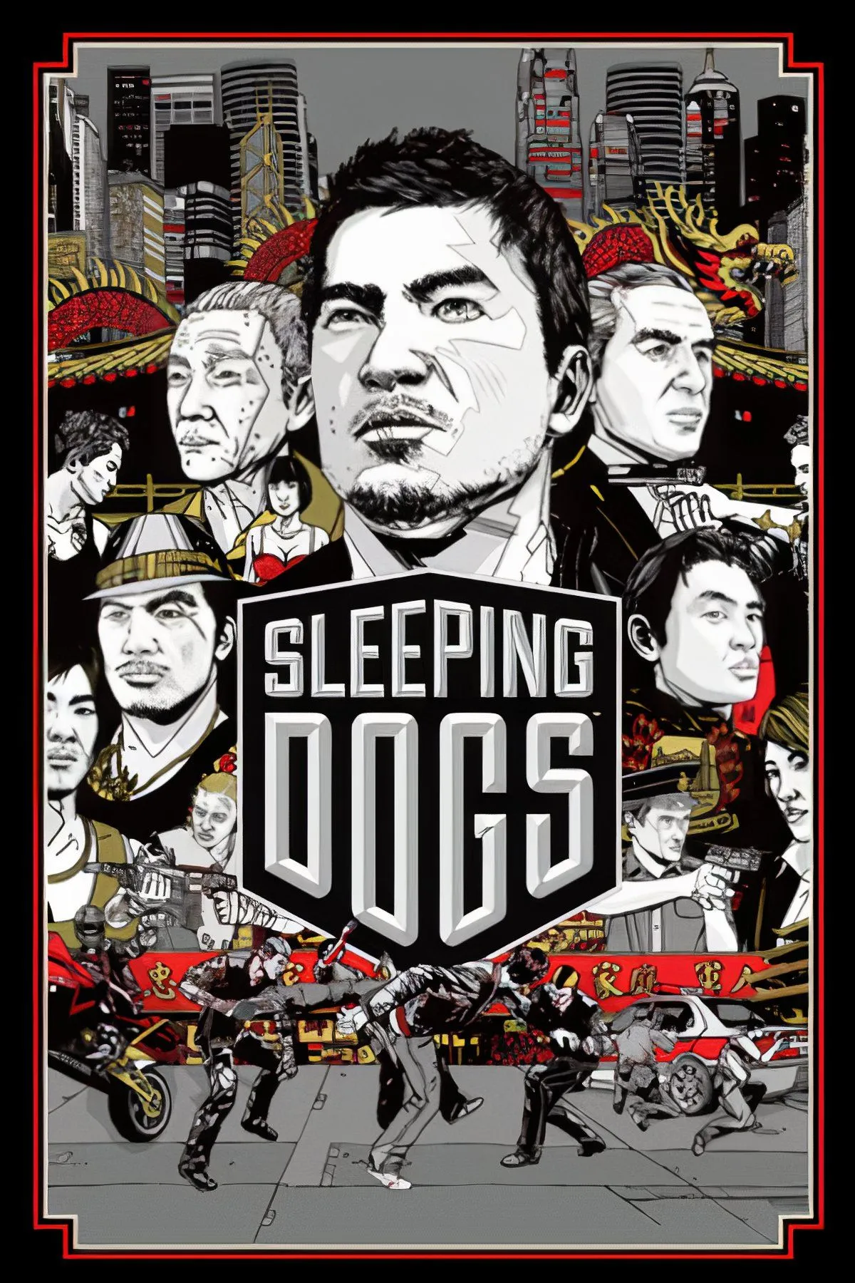 Ảnh bìa game Sleeping Dogs, nhân vật chính Wei Shen trong bối cảnh Hong Kong với các yếu tố hành động