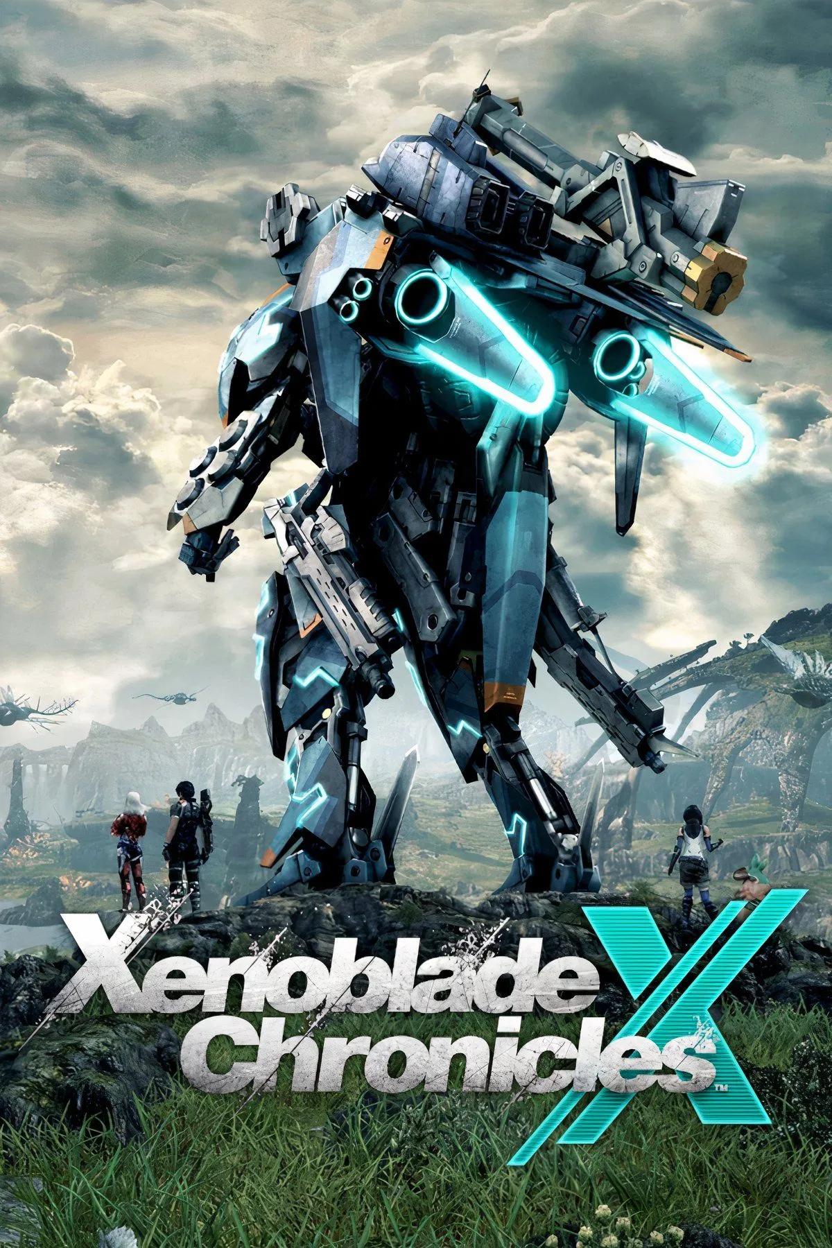 Ảnh bìa tổng hợp của game Xenoblade Chronicles X, thể hiện thế giới sci-fi rộng lớn và các robot Skell đặc trưng