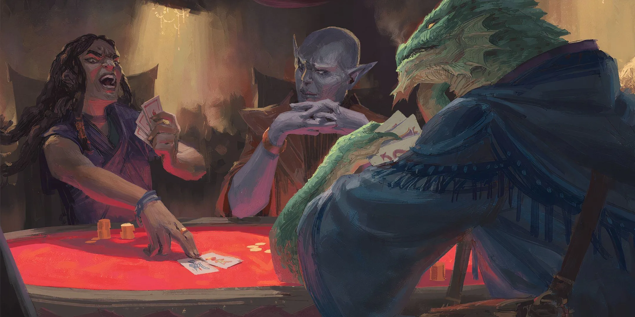 Ba người chơi Dungeons &amp; Dragons đang chơi bài, biểu cảm lo lắng khi DM mỉm cười một cách bí ẩn.