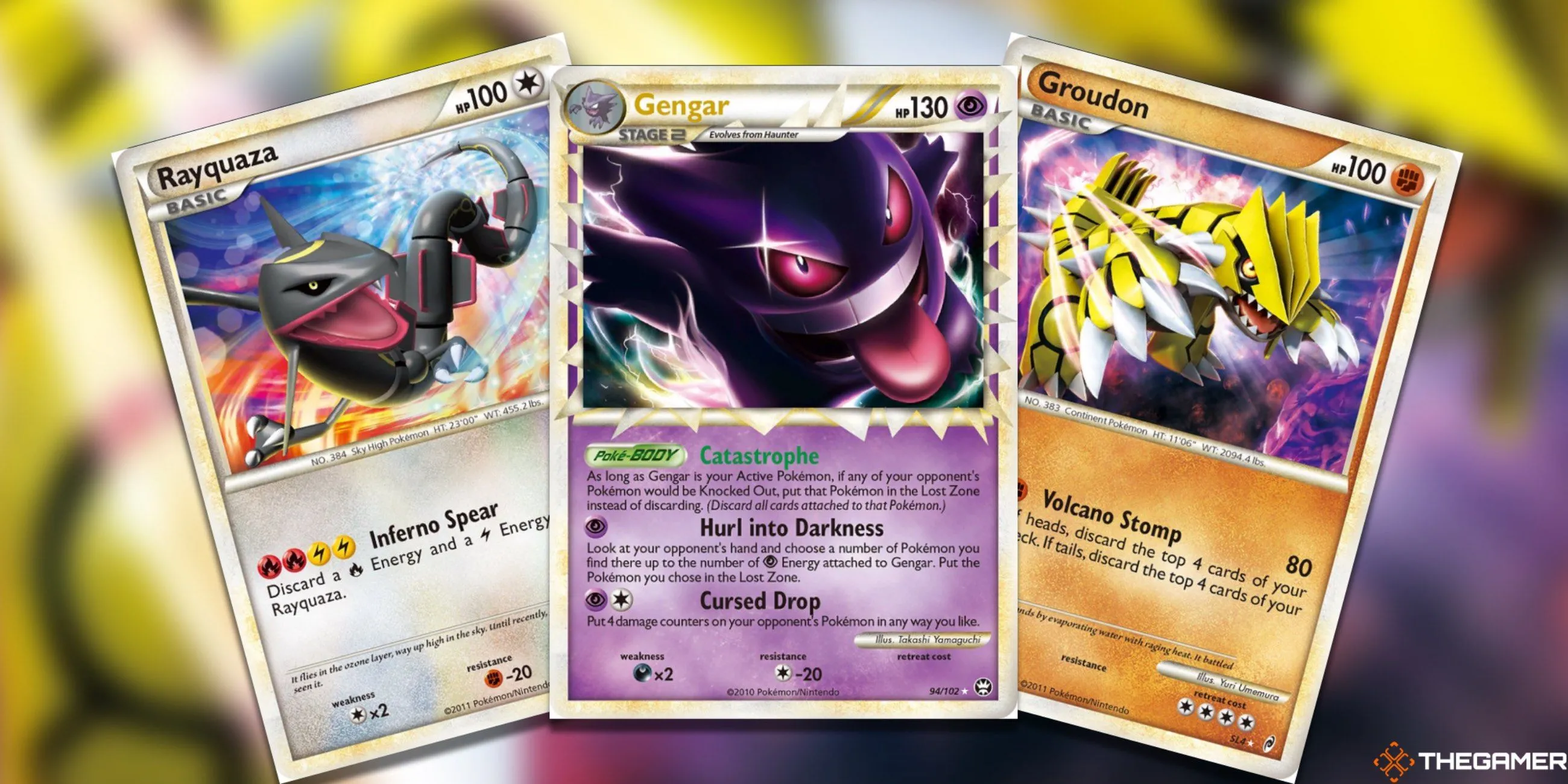 Ba thẻ bài Pokémon TCG HeartGold SoulSilver giá trị: Rayquaza Shiny, Gengar Prime, Groudon Shiny.