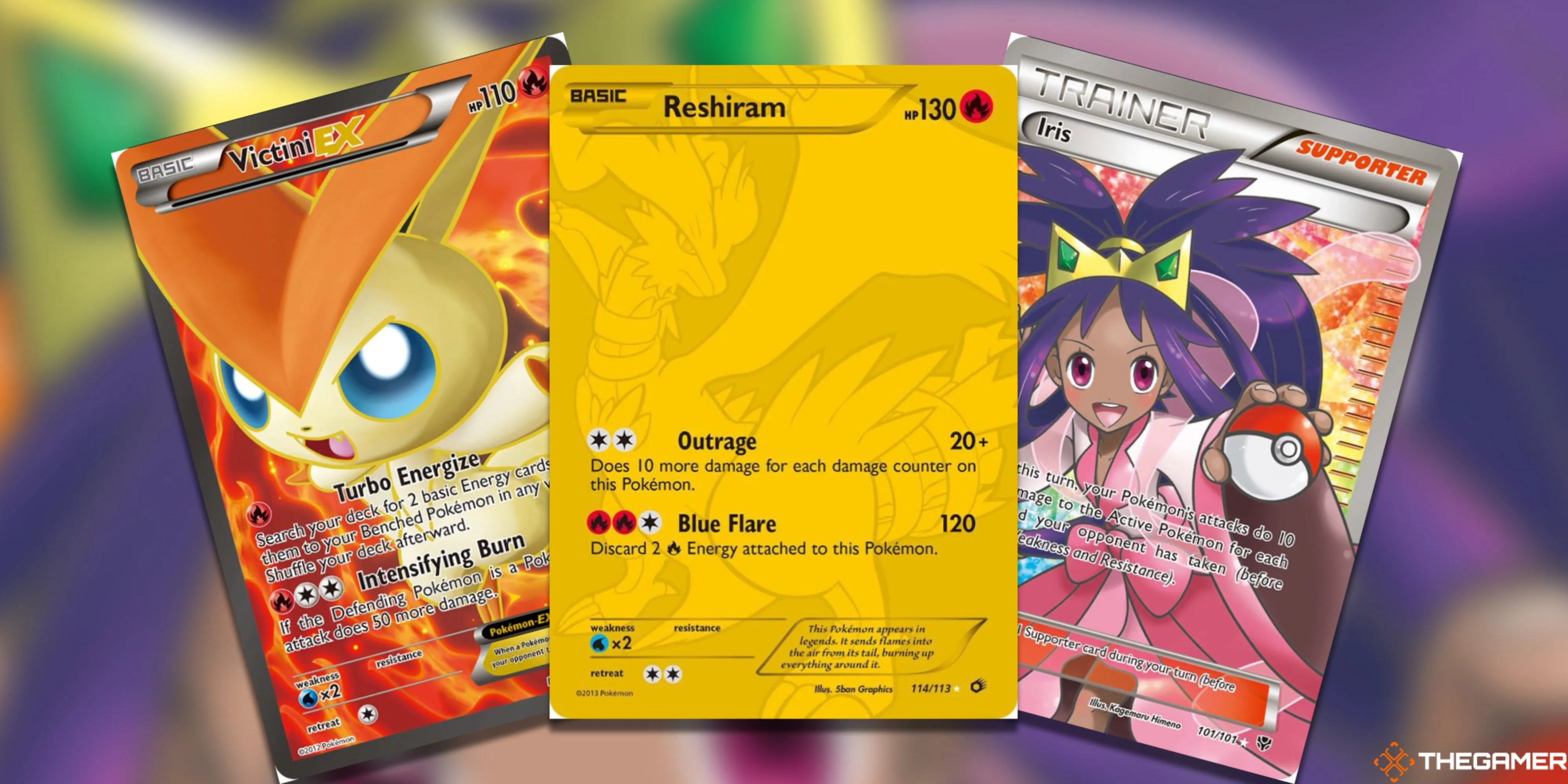 Ba thẻ bài Pokemon TCG từ vùng Unova được xếp quạt, gồm Victini EX, Reshiram, và Iris.