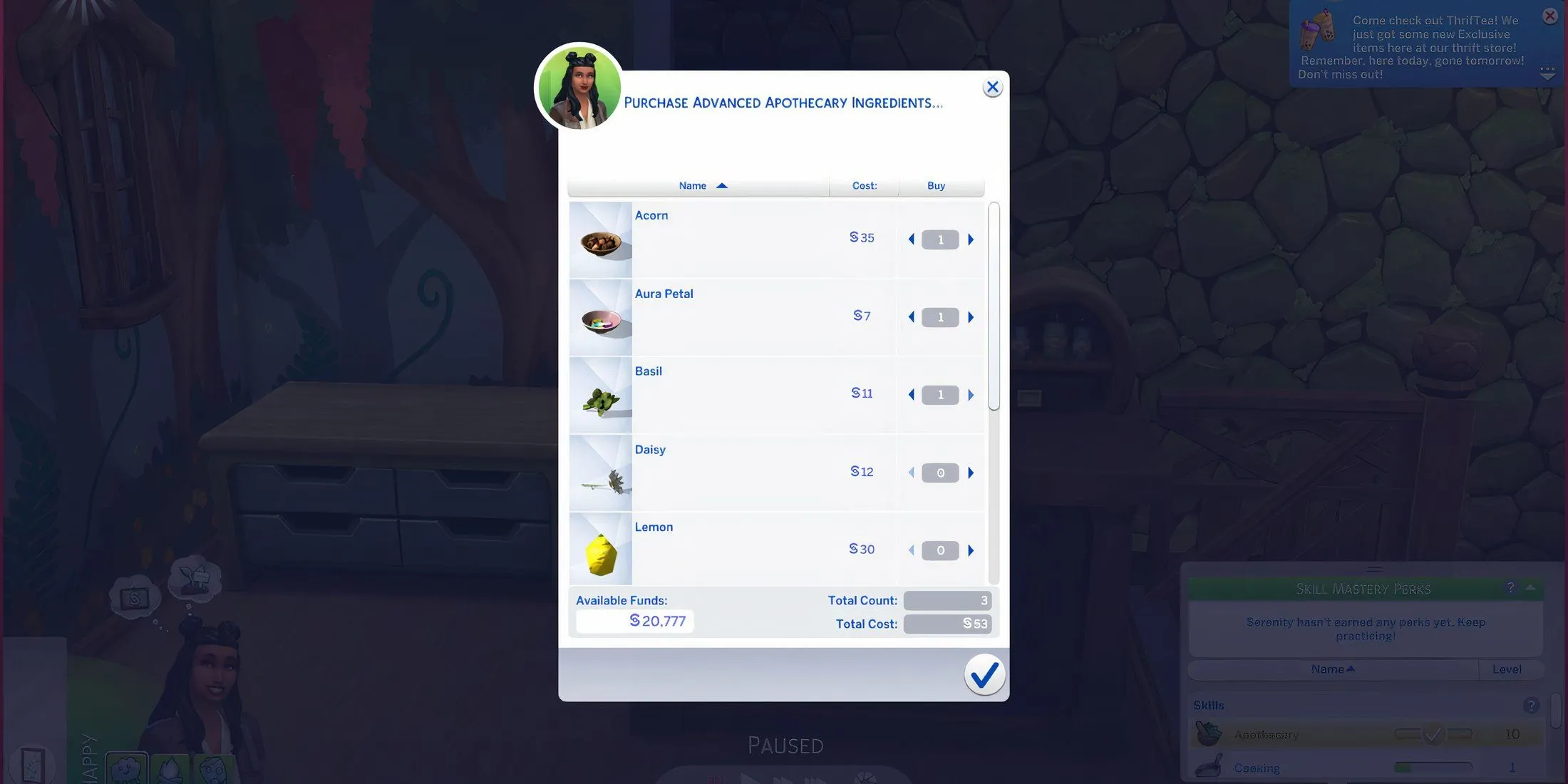 Bàn Apothecary Table nơi Sims có thể mua hoặc chế tạo thuốc từ Aura Petal trong The Sims 4