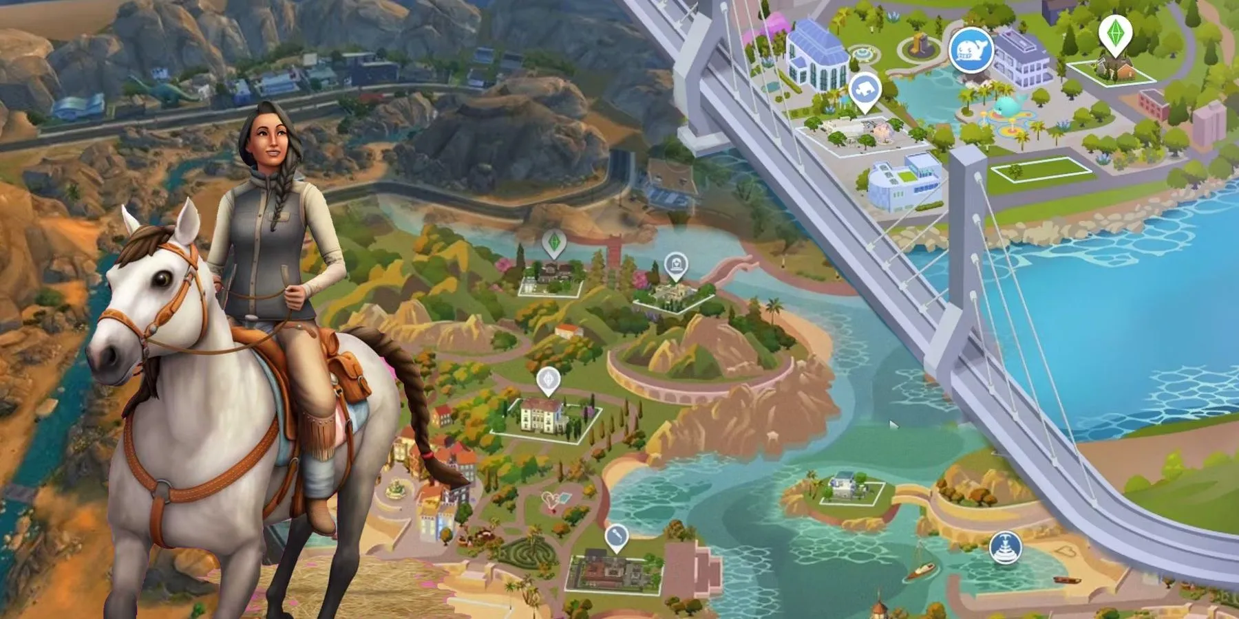 Bản đồ tổng quan các thế giới nổi bật trong The Sims 4, minh họa sự đa dạng về cảnh quan và lối sống của game