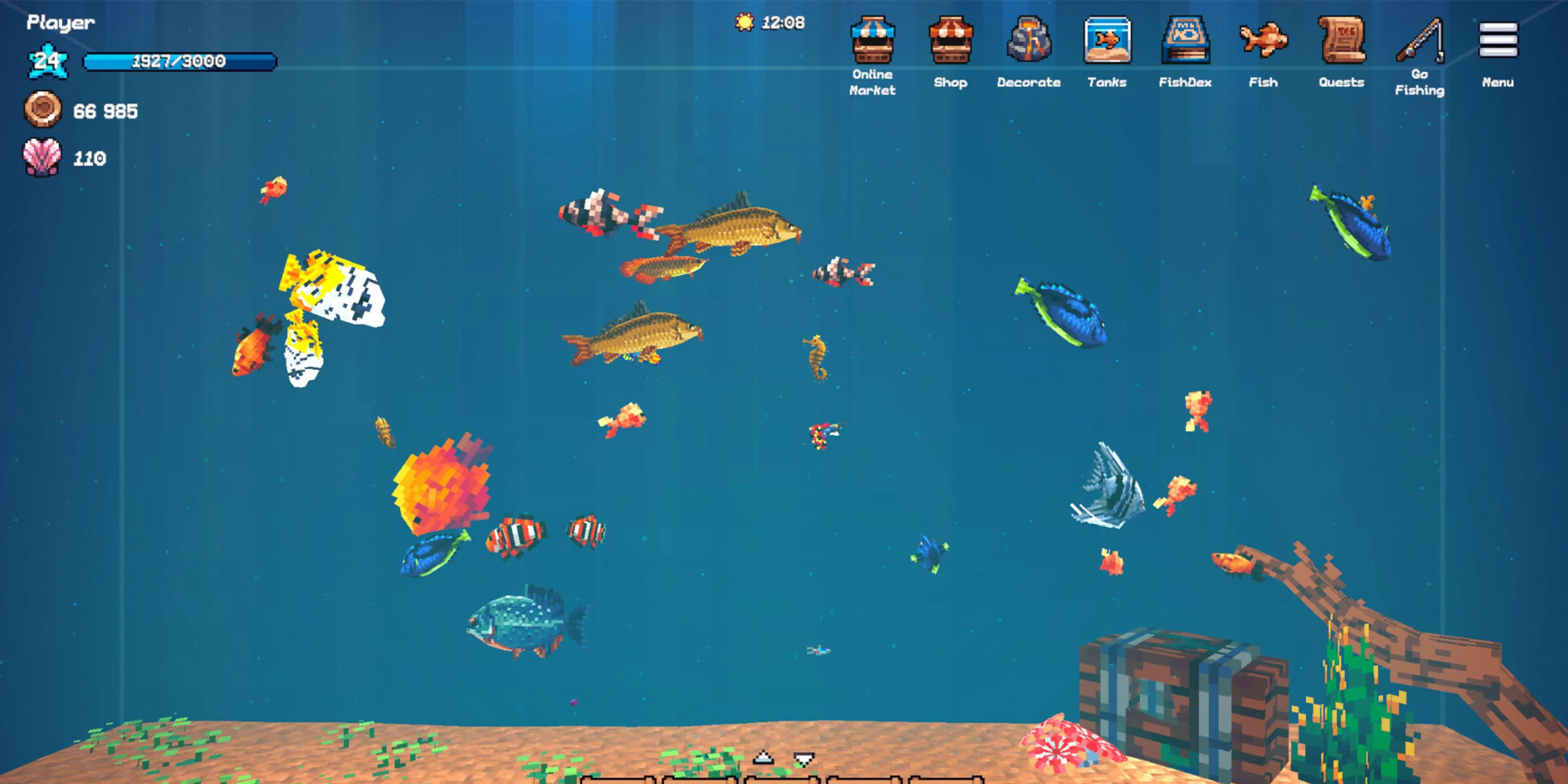 Bể cá ảo đầy màu sắc trong game mô phỏng Tiny Aquarium.