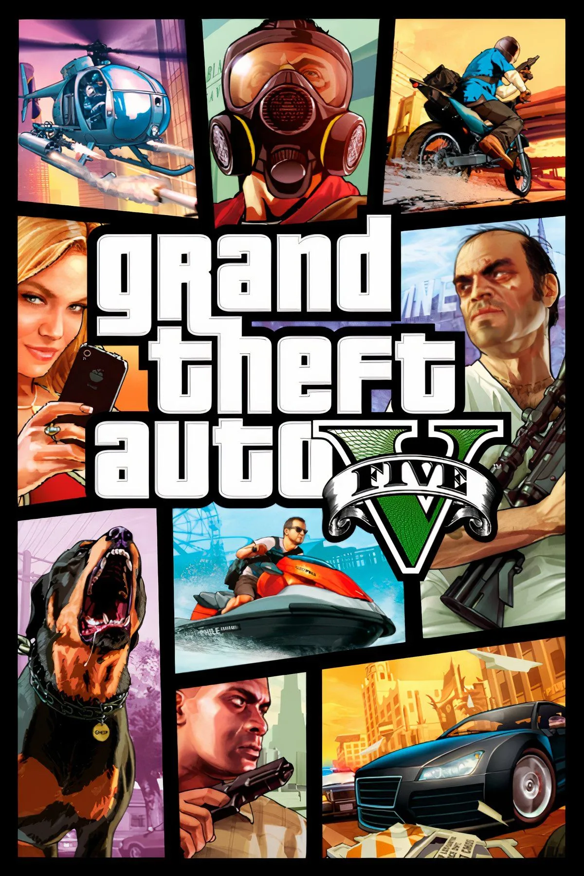 Bìa game Grand Theft Auto V với ba nhân vật chính Michael, Trevor, Franklin trước bối cảnh Los Santos