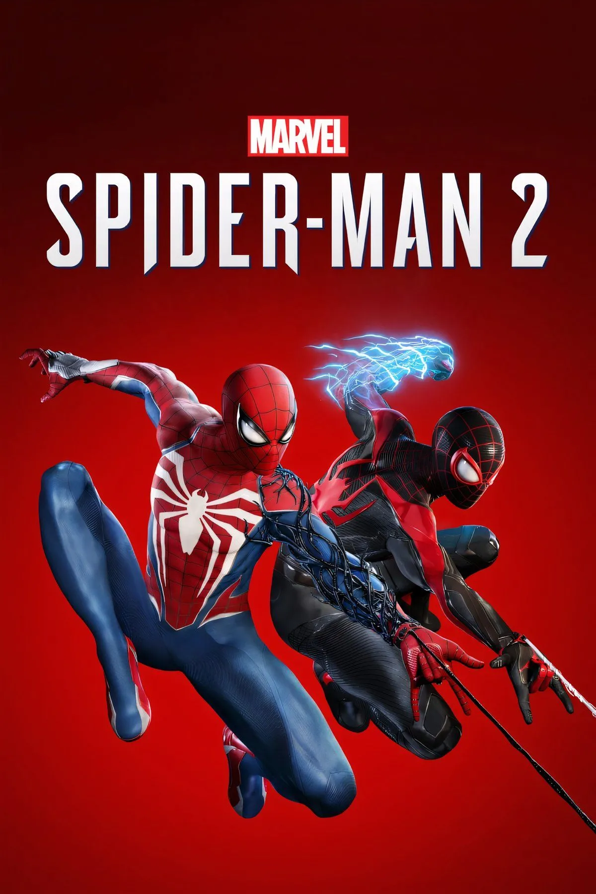 Bìa game Marvel's Spider-Man 2 thể hiện Miles Morales và Peter Parker cùng nhau chiến đấu, đồ họa đỉnh cao