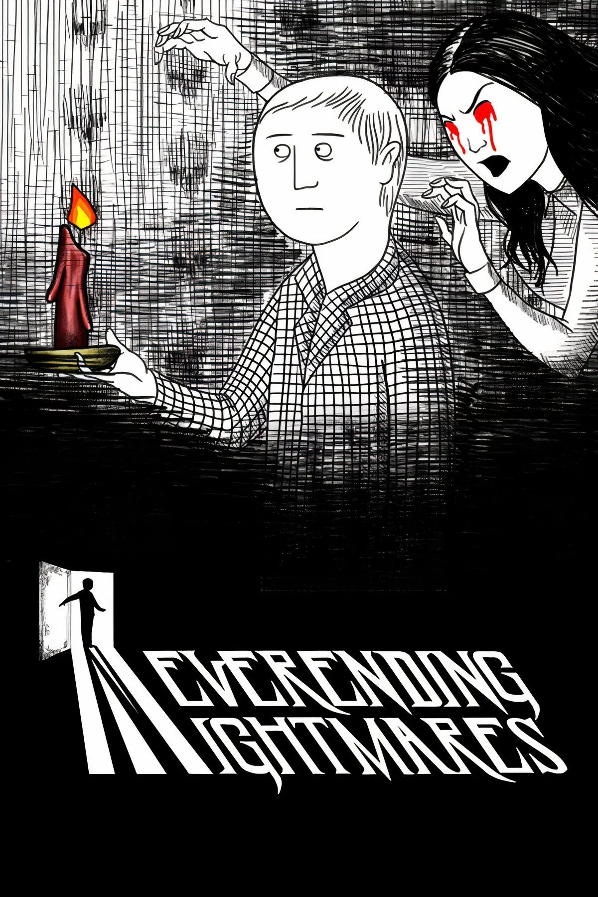 Bìa game Neverending Nightmares với hình ảnh nhân vật chính trong bối cảnh đen trắng u ám, minh họa cho trải nghiệm kinh dị tâm lý