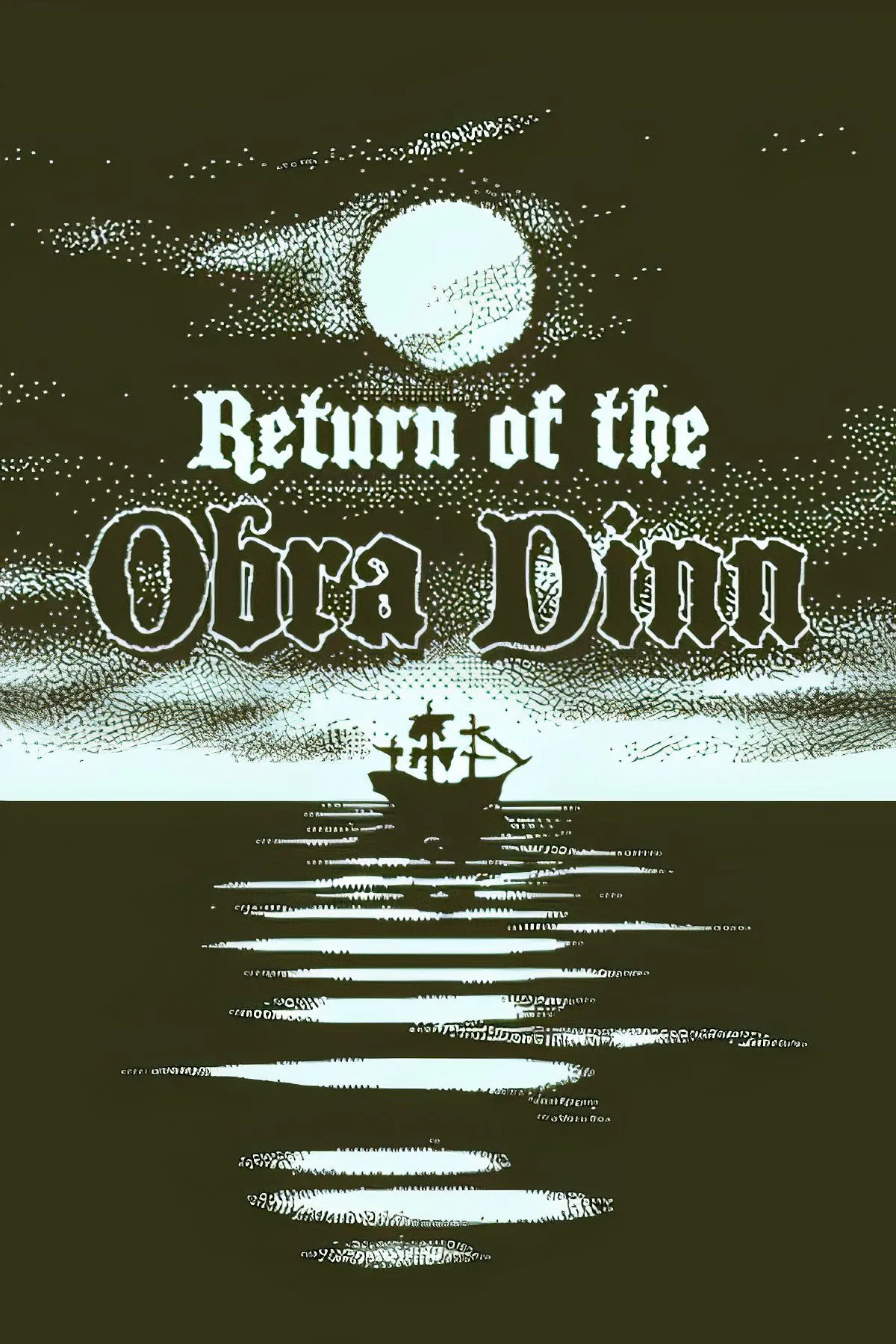 Bìa game Return of the Obra Dinn, thể hiện phong cách đồ họa 1-bit đen trắng đặc trưng và bí ẩn của con tàu ma