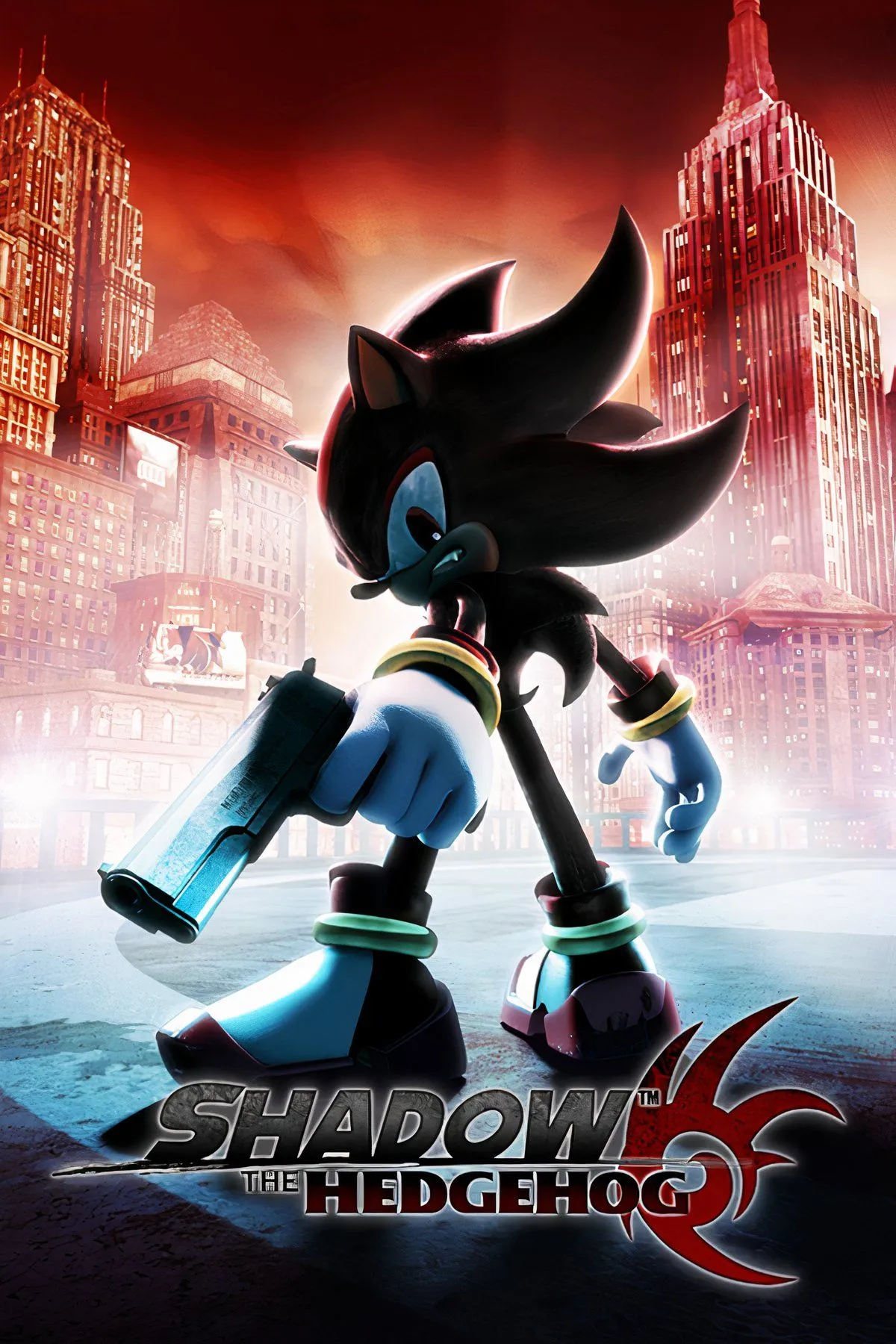 Bìa game Shadow the Hedgehog với Shadow cầm vũ khí, phản ánh tông màu tối hơn của game.