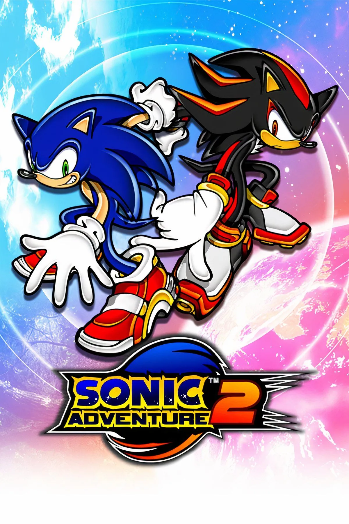 Bìa game Sonic Adventure 2, giới thiệu cuộc đối đầu kịch tính giữa Sonic và Shadow.