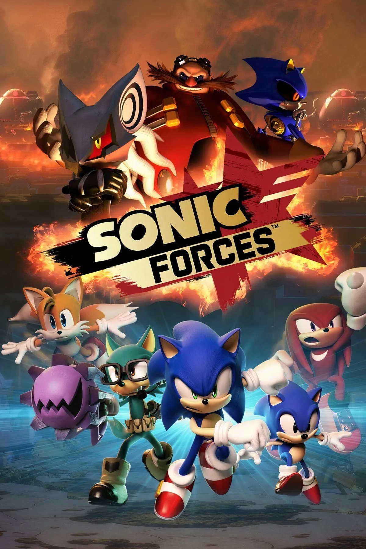 Bìa game Sonic Forces với Sonic và biệt đội kháng chiến chống lại Infinite và Eggman.