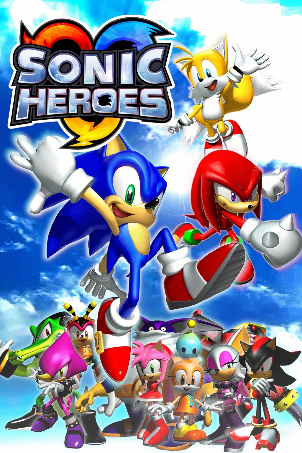 Bìa game Sonic Heroes với bốn đội nhân vật chính sẵn sàng hành động.