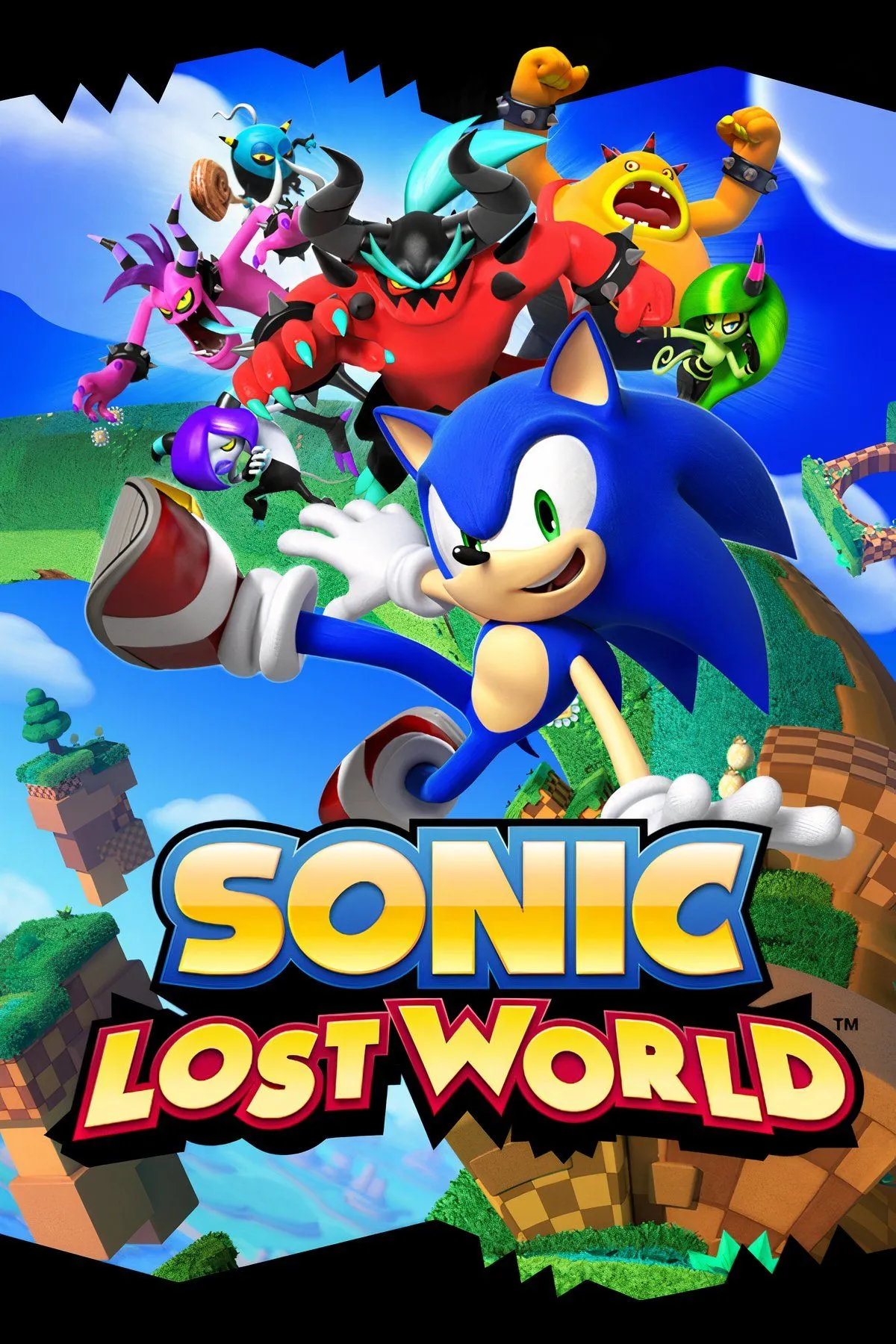 Bìa game Sonic Lost World với Sonic và nhóm phản diện Deadly 6 đầy màu sắc.