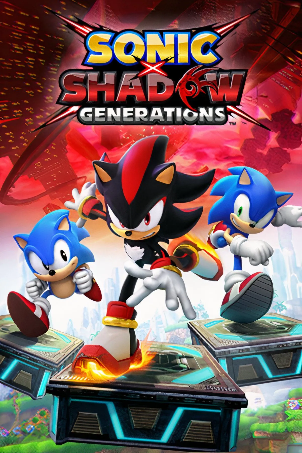 Bìa game Sonic X Shadow Generations với Sonic và Shadow cùng nhau bảo vệ dòng thời gian.