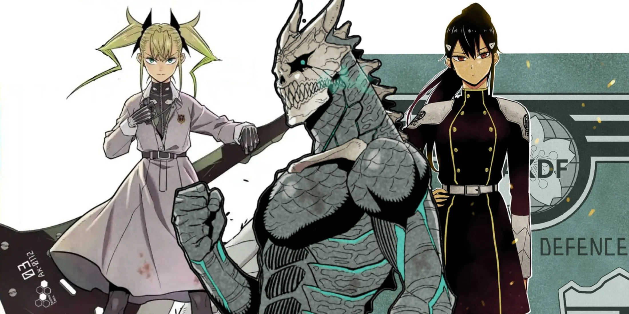 Bộ ba nhân vật chính Kaiju No. 8: Kikoru Shinomiya, Kafka Hibino và Mina Ashiro, những người đã có kết cục tốt đẹp trong manga.