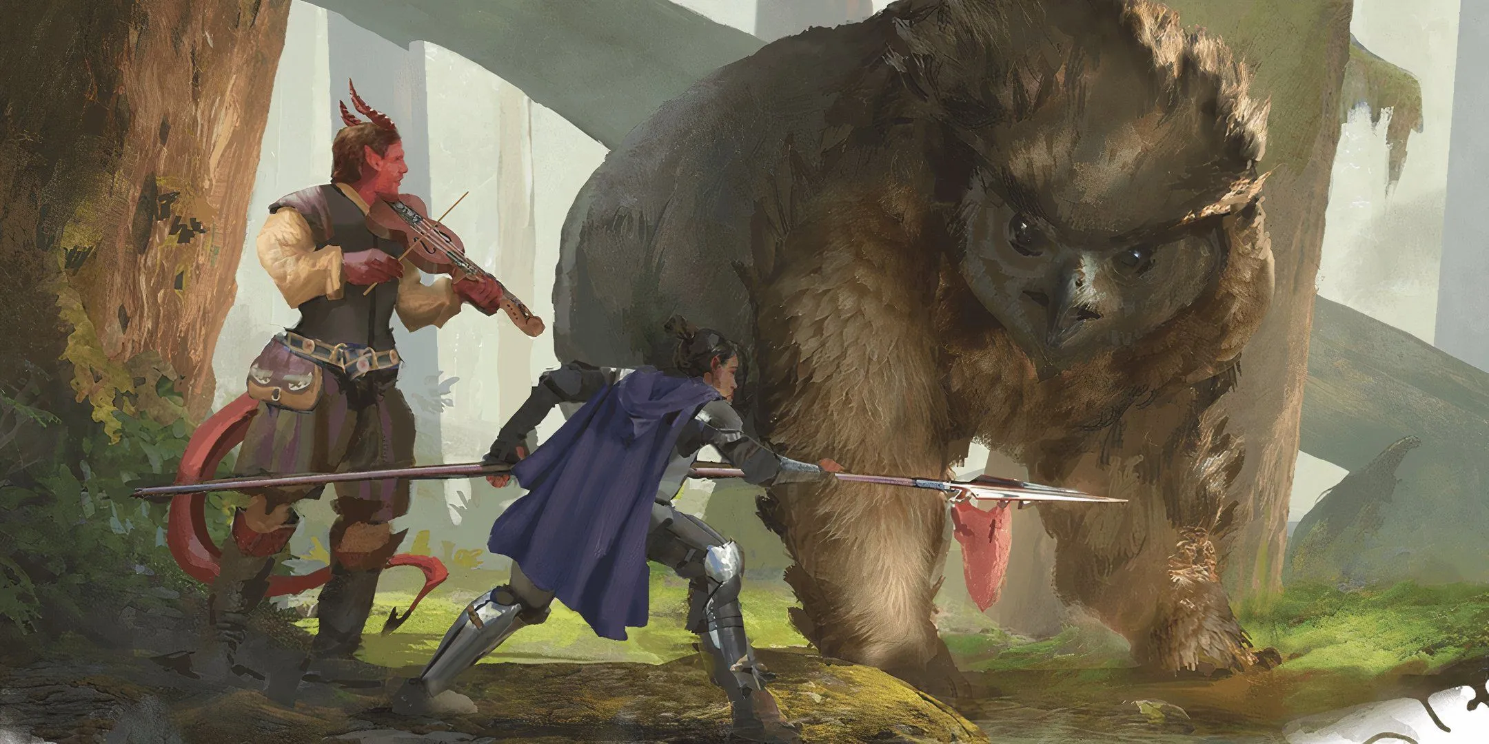 Các nhà thám hiểm D&D đang đàm phán với một Owlbear trong rừng sâu.