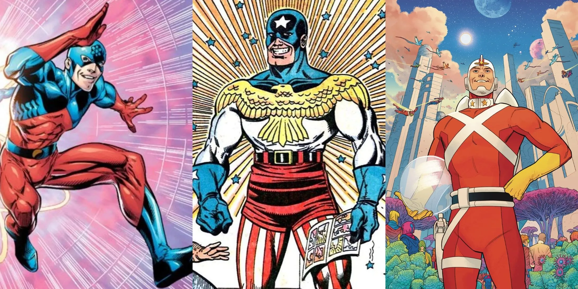 Các thành viên Justice League không phụ thuộc vào tiền bạc: Atom, General Glory và Adam Strange đứng cùng nhau, thể hiện sự đa dạng sức mạnh.