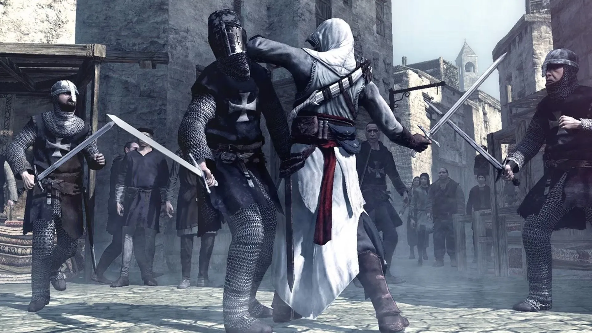 Cảnh chiến đấu cận chiến của Altair với các vệ binh trong game Assassin's Creed đầu tiên