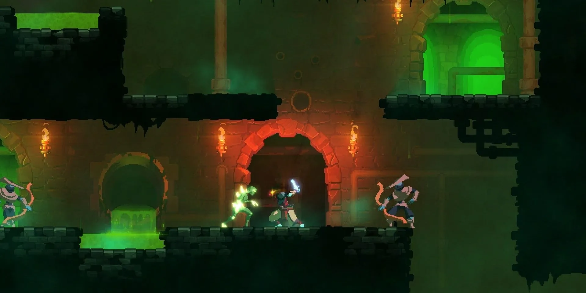 Cảnh chiến đấu chống lại kẻ thù trong khu vực cống ngầm của game roguelike Dead Cells