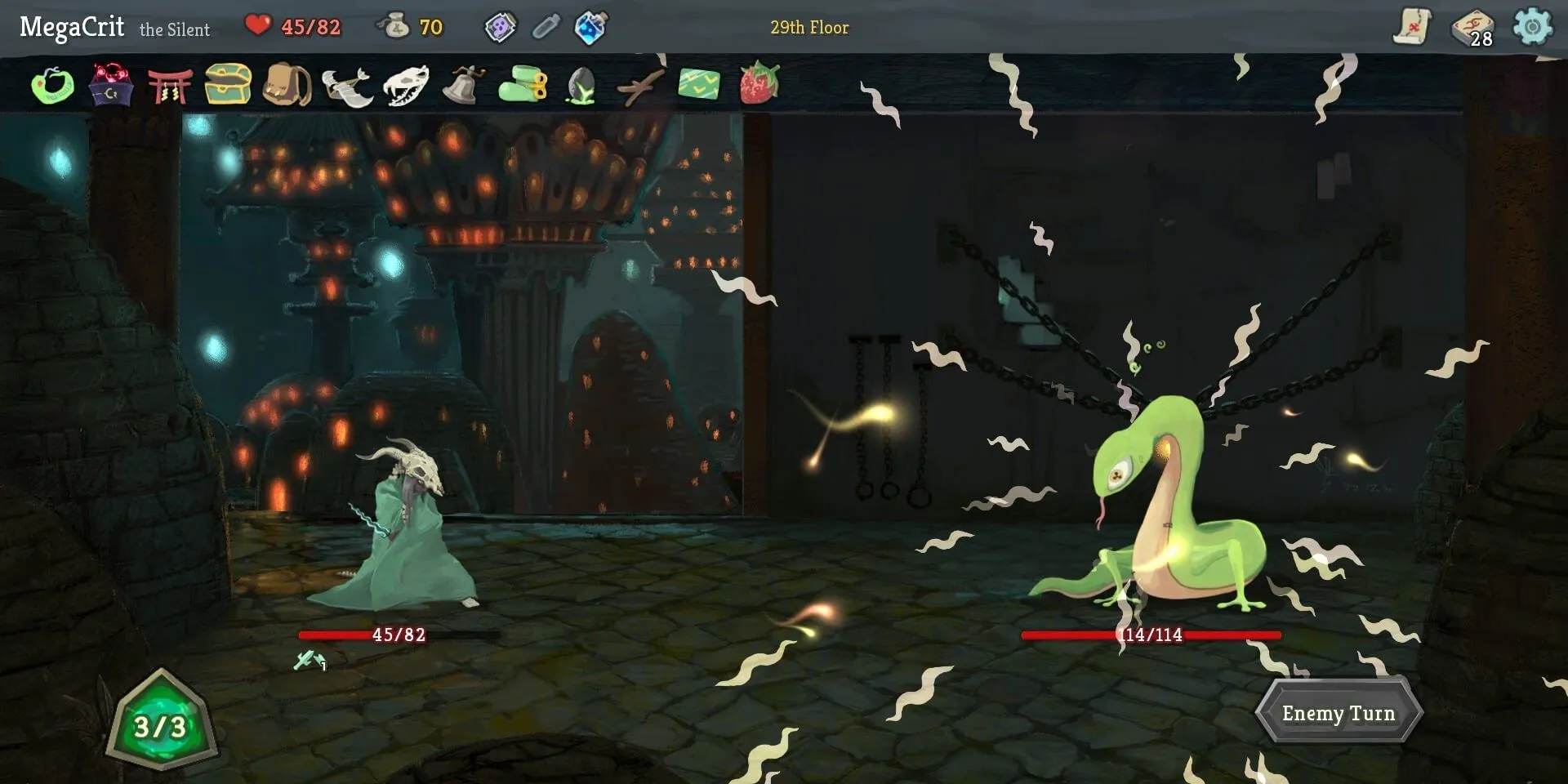 Cảnh chiến đấu chống lại một con rắn khổng lồ trong game xây dựng bộ bài roguelike Slay the Spire