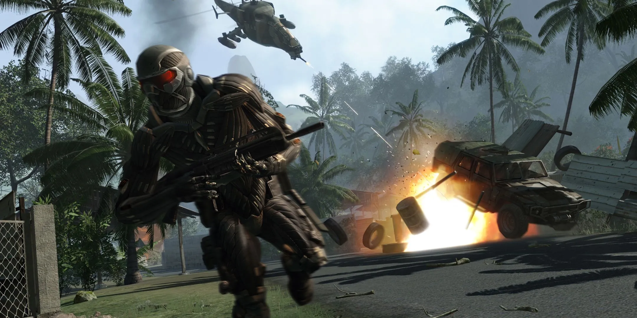 Cảnh game Crysis với hình ảnh người lính chạy trốn khỏi trực thăng, minh họa cho việc kiểm tra cấu hình PC trước khi trải nghiệm game nặng.