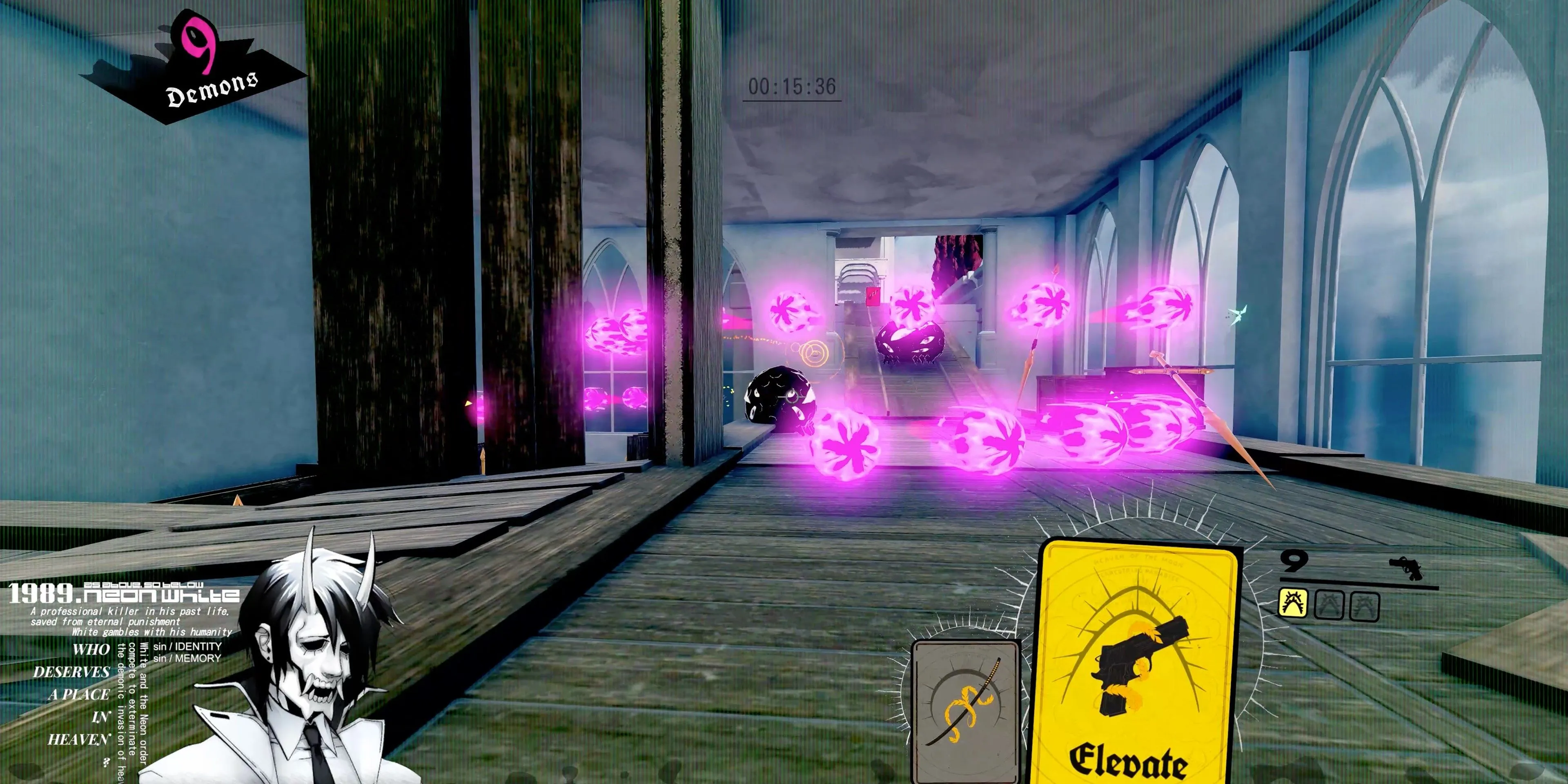 Cảnh nhân vật né tránh đạn của kẻ thù trong game FPS hành động nhanh Neon White