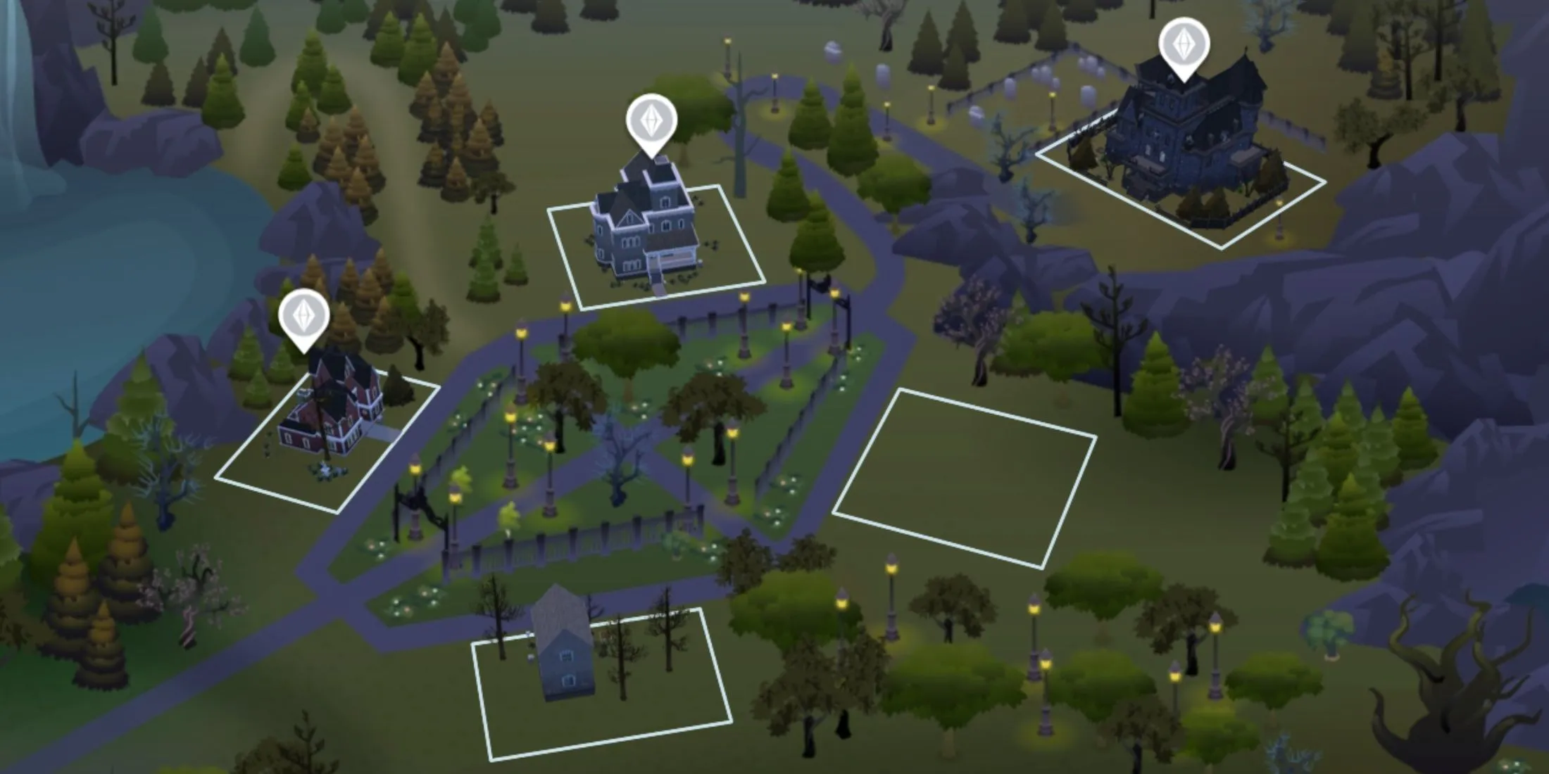 Cảnh quan u ám của Forgotten Hollow trong The Sims 4, thế giới lý tưởng cho ma cà rồng với ánh sáng mặt trời yếu và các loài thực vật độc đáo.