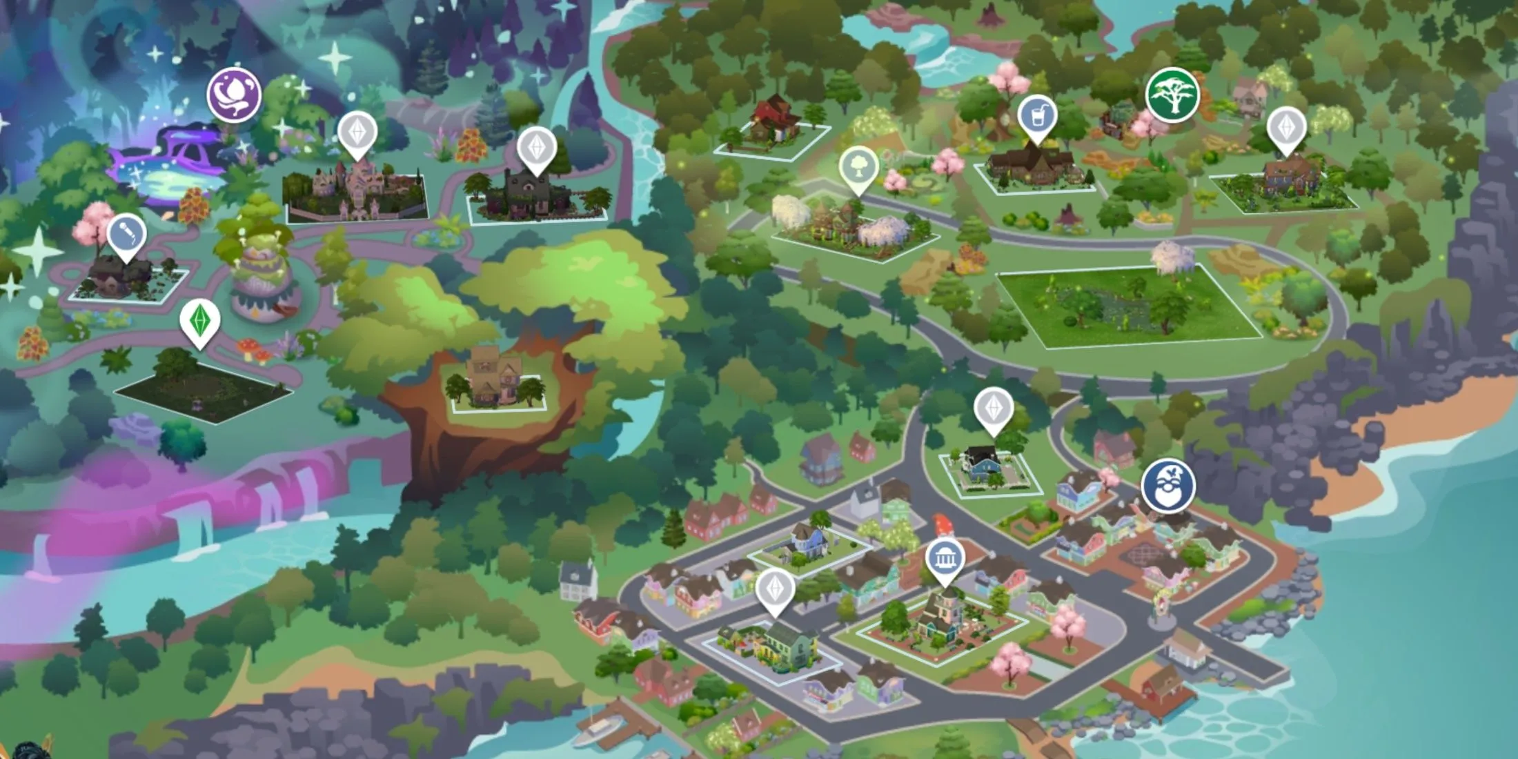 Cảnh quan xanh tươi và huyền ảo của Innisgreen trong The Sims 4, thế giới mới nhất với chủ đề thiên nhiên và tiên, mang đến không gian sống mơ mộng.