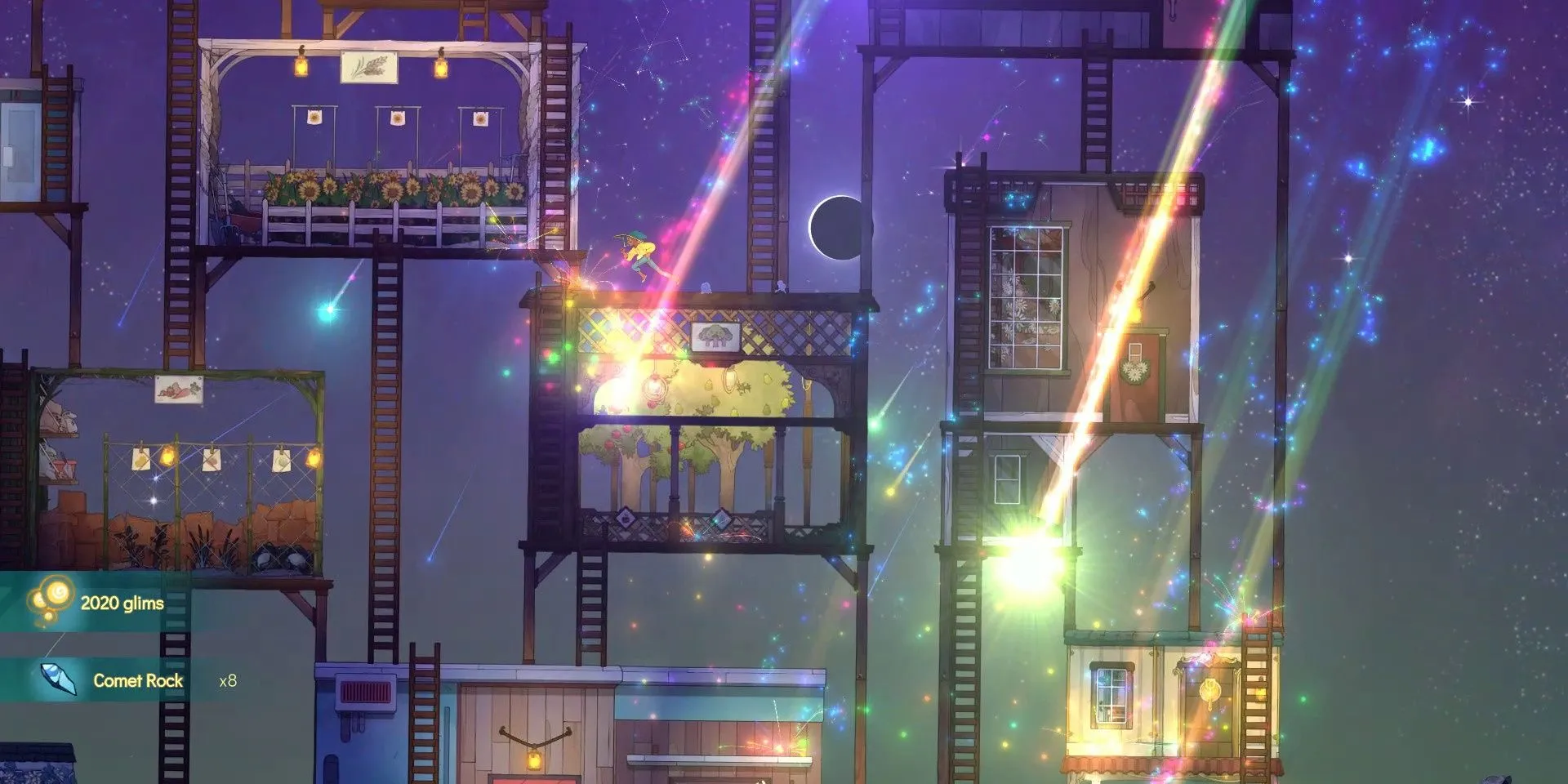 Cảnh sao chổi rơi xuống trên thuyền của nhân vật Stella trong game Spiritfarer