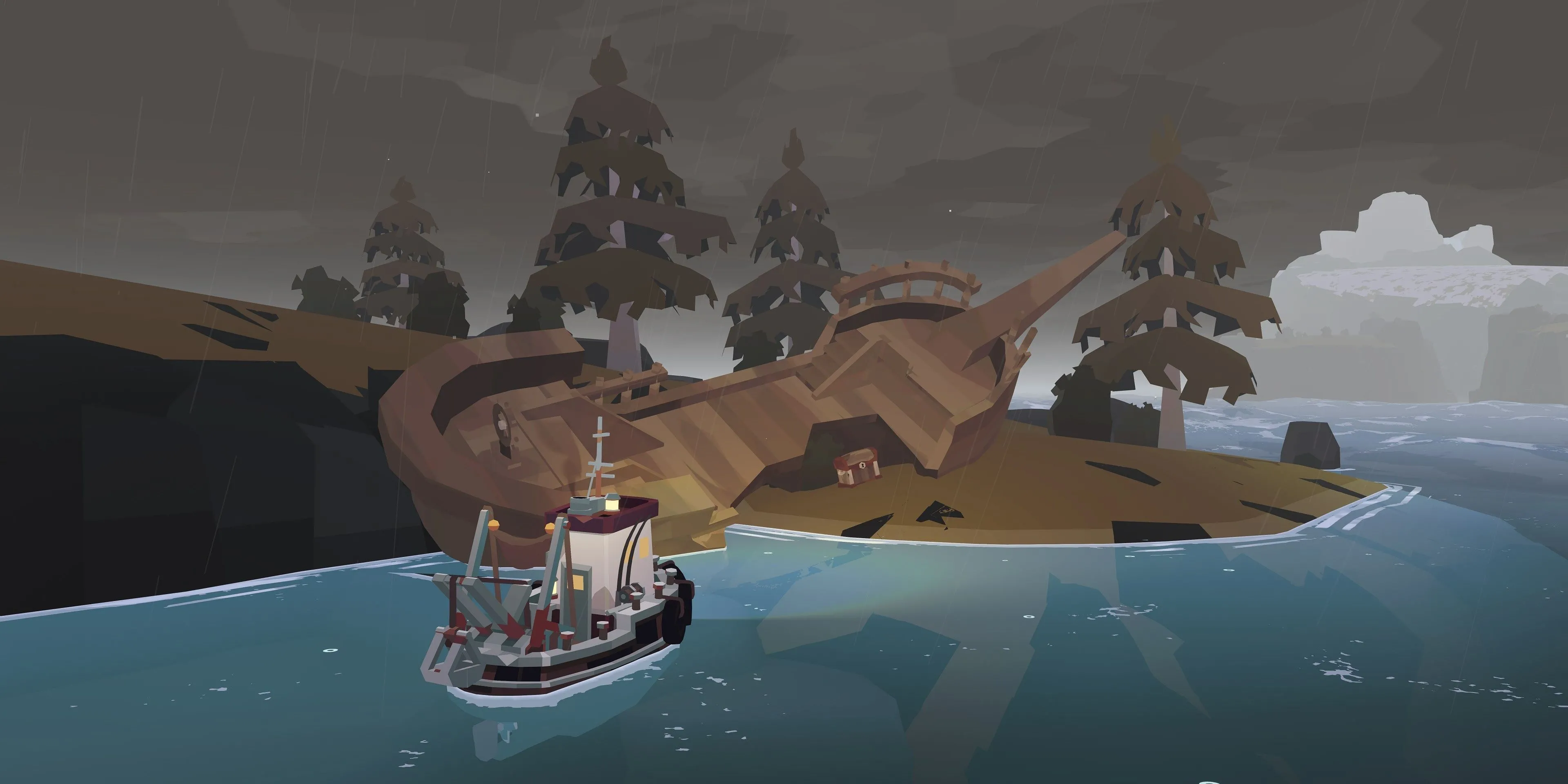 Cảnh thuyền buồm di chuyển gần một con tàu đắm trong game phiêu lưu Dredge