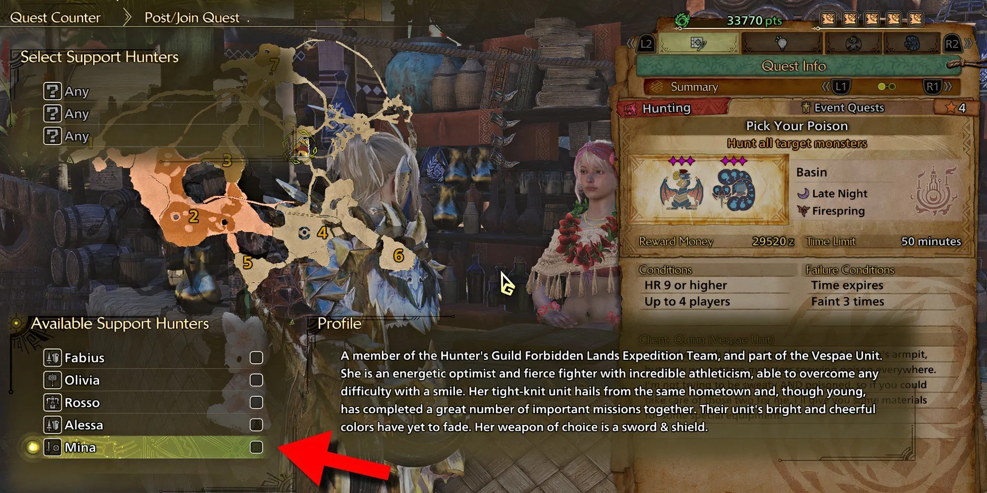 Chân dung Mina, thợ săn hỗ trợ sử dụng Kiếm và Khiên, trong Monster Hunter Wilds.