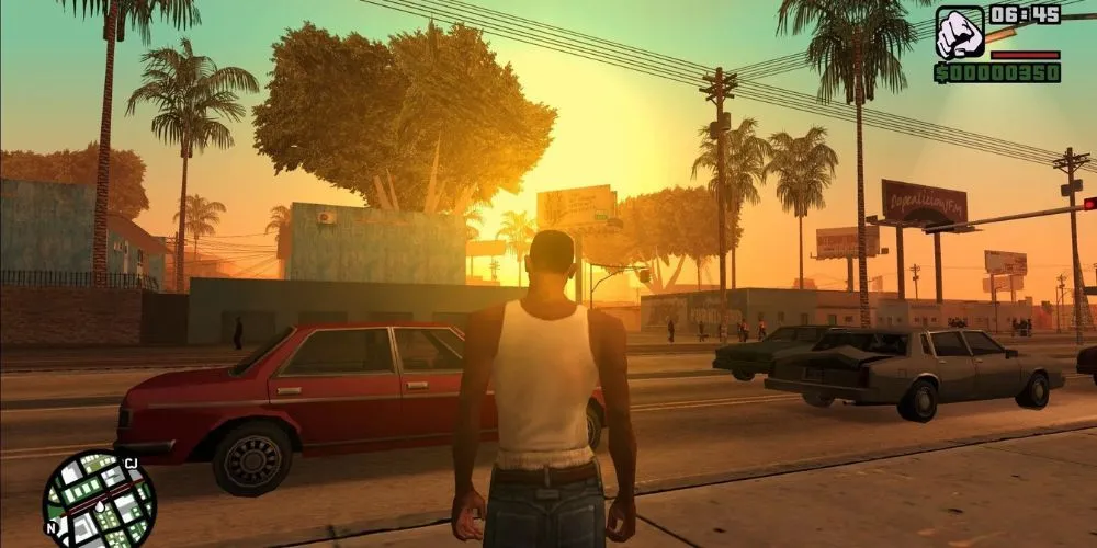CJ đứng trên đường phố Los Santos, khung cảnh quen thuộc trong GTA San Andreas