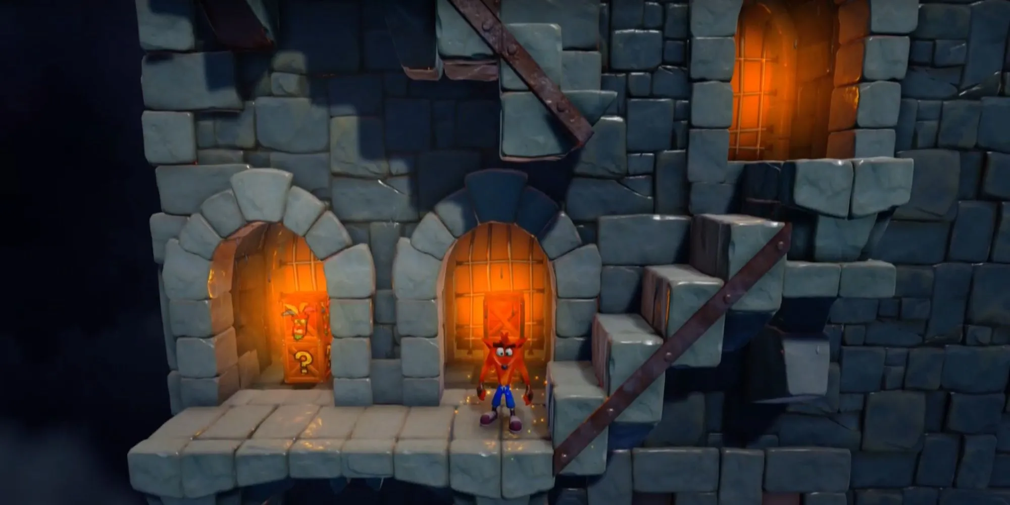 Crash Bandicoot N. Sane Trilogy standing before a flight of stairs in Stormy Ascent 