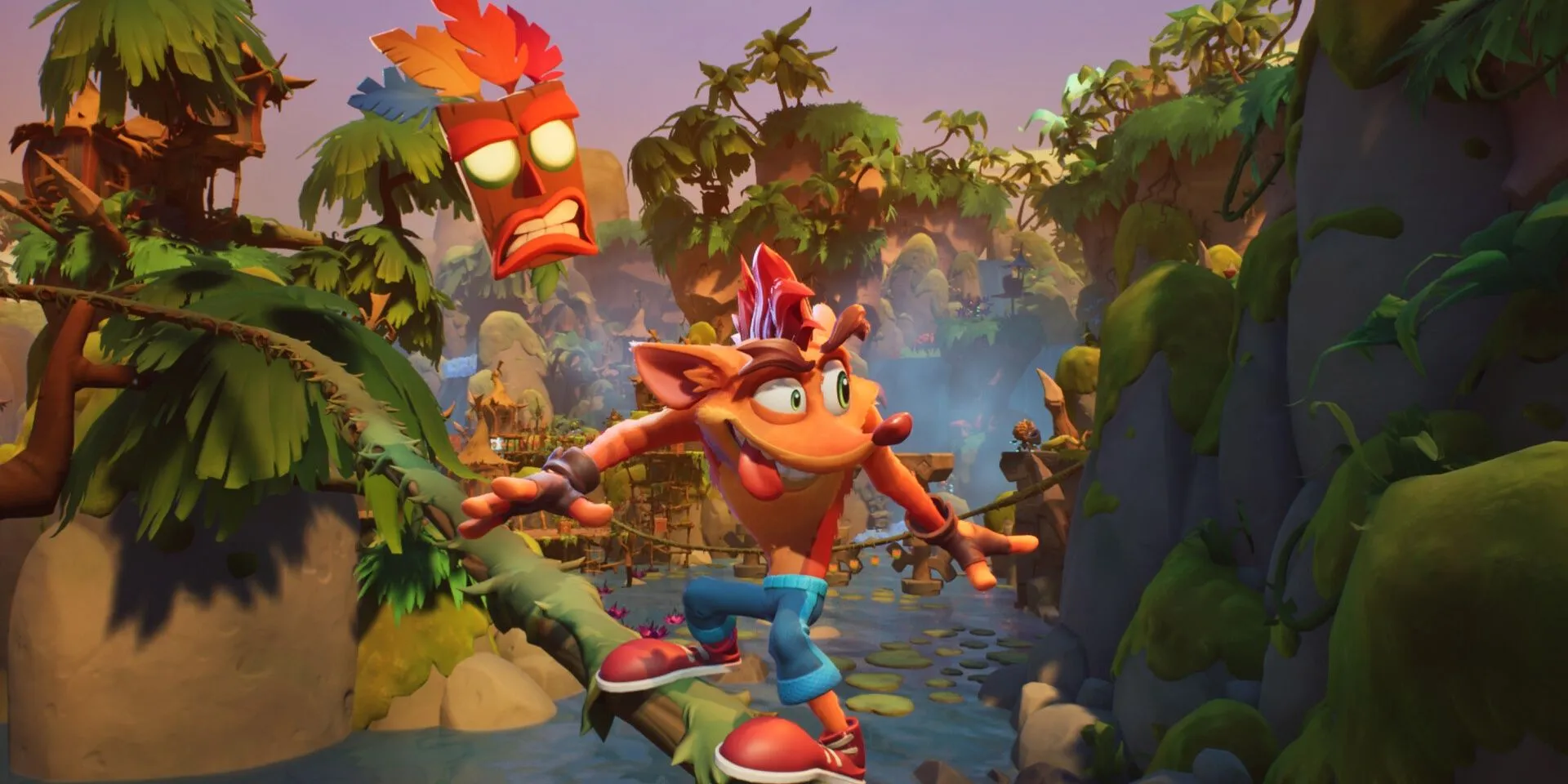 Crash Bandicoot trượt trên dây leo trong một màn chơi đầy màu sắc của Crash Bandicoot 4: It's About Time