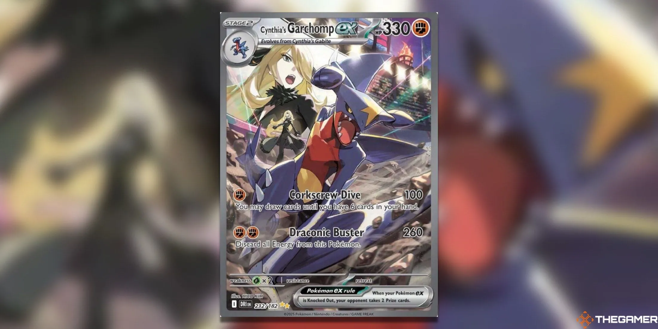 Cynthia và Garchomp ex, bộ đôi huyền thoại, trên thẻ bài Special Illustration Rare Destined Rivals.