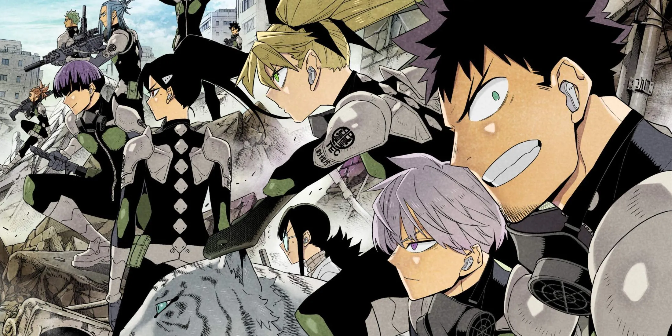 Dàn nhân vật chính của anime Kaiju No. 8, những người lính dũng cảm thuộc Lực lượng Phòng vệ Chống Kaiju, sẵn sàng đối mặt mối đe dọa quái vật.