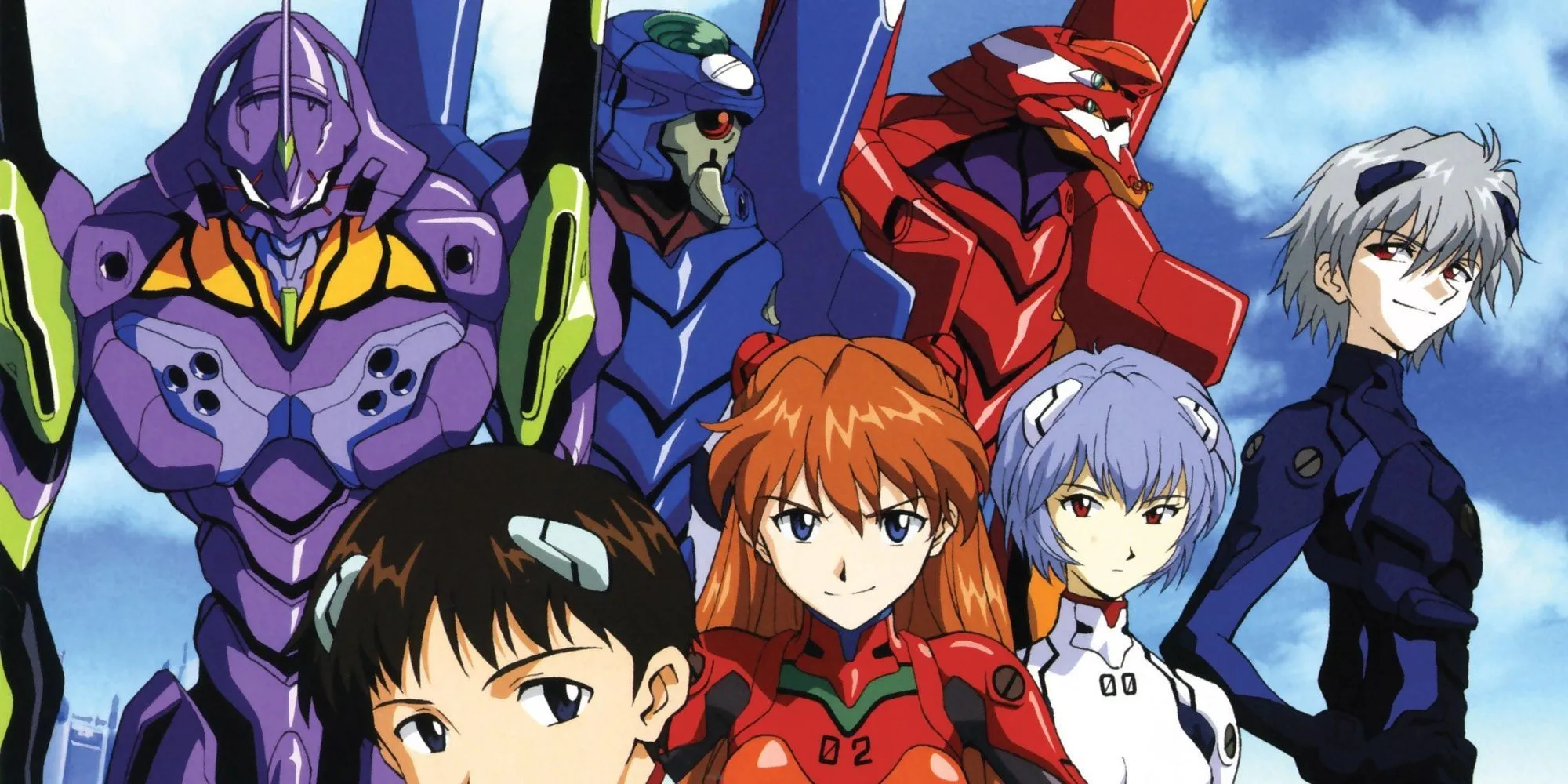 Dàn nhân vật chính cùng các Evangelion Unit trong &quot;Neon Genesis Evangelion&quot;, biểu tượng của series mecha kinh điển.