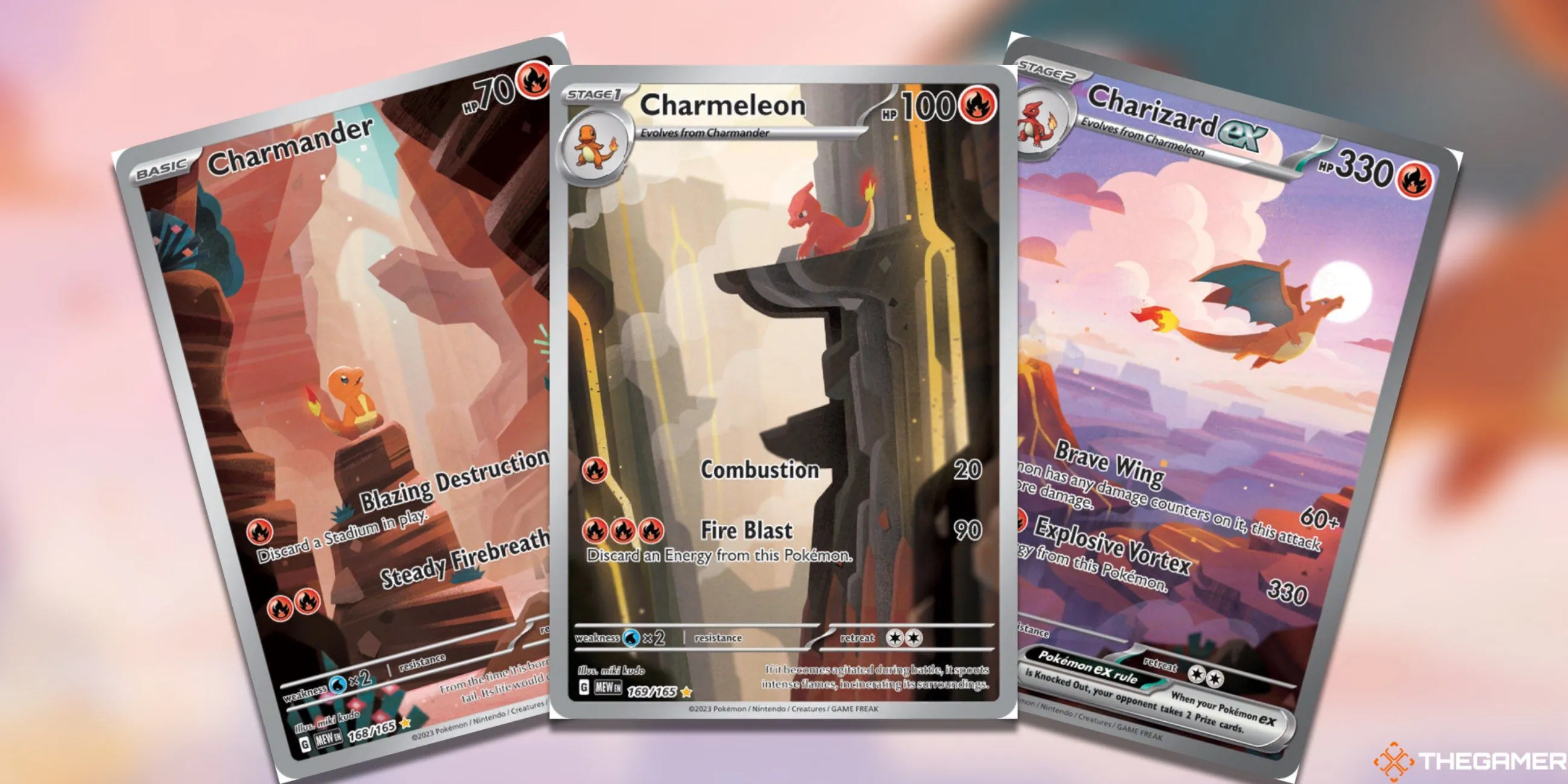 Dòng tiến hóa Charizard từ bộ 151 trong Pokémon TCG, biểu tượng của những thẻ bài hiếm được săn đón.